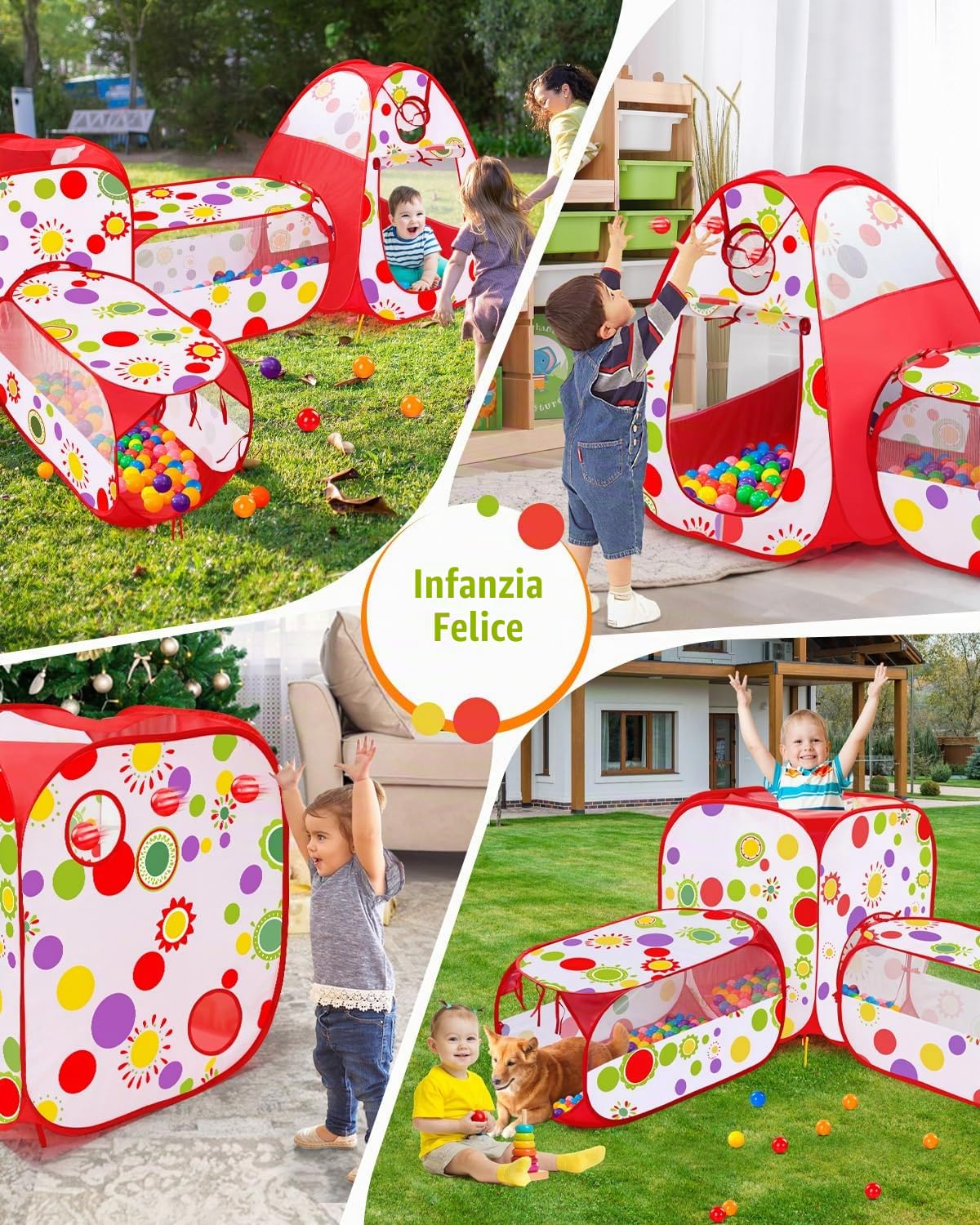 MAIKEHIGH Tunnel Gioco per Bambini, 4 en 1 Pop Up Tenda | Pieghevole Piscina Palline Interno Esterno Giardino Gioco Ragazzi Ragazze Compleanno Regalo