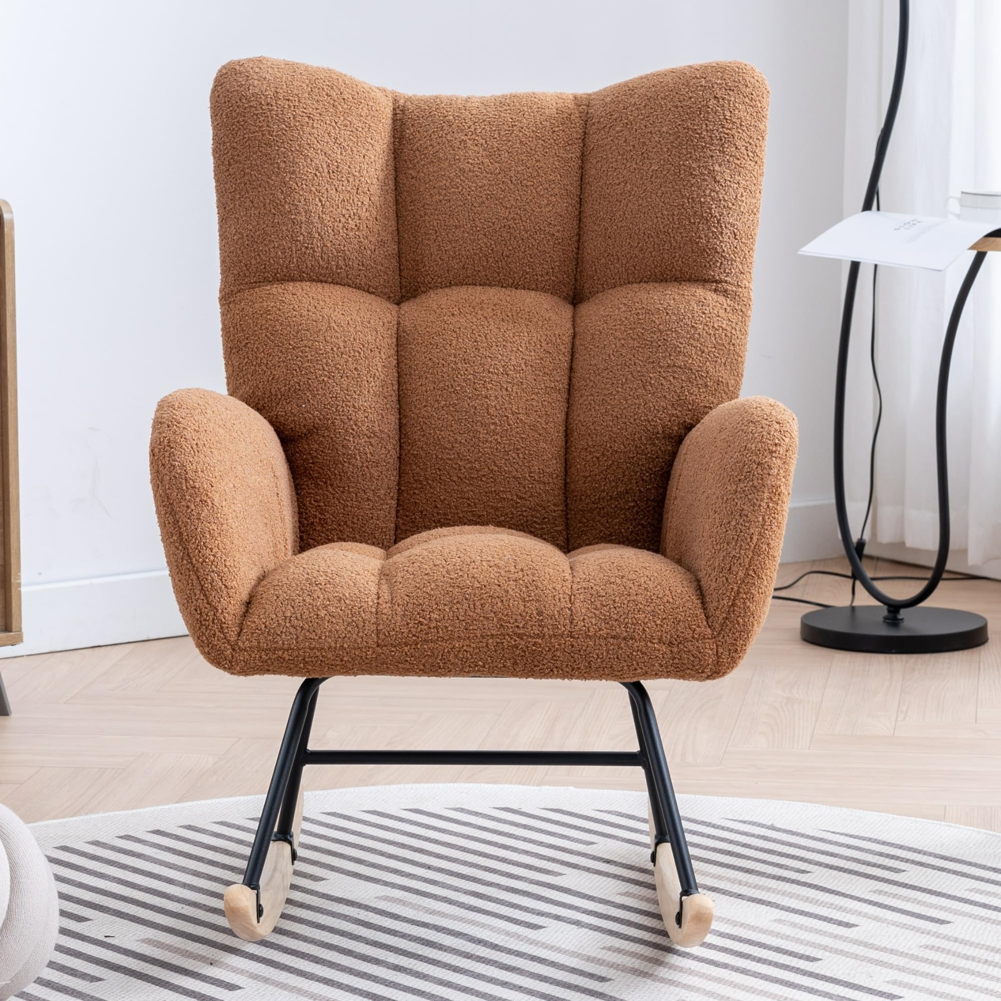 SPOFLYINN Nursery Wingback Glider Rocker with Safe Solid Wood Base Soft Fabric Rocking Chair for Living Room Bedroom Rectangular Teddy PHO_12OW 1 28.54 Brown
