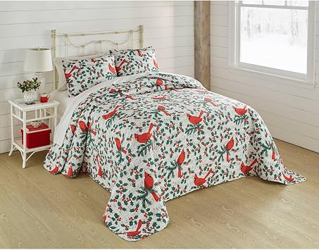 BrylaneHome 3 Piece Microfleece Christmas Bedspread Set - Queen, Cardinal