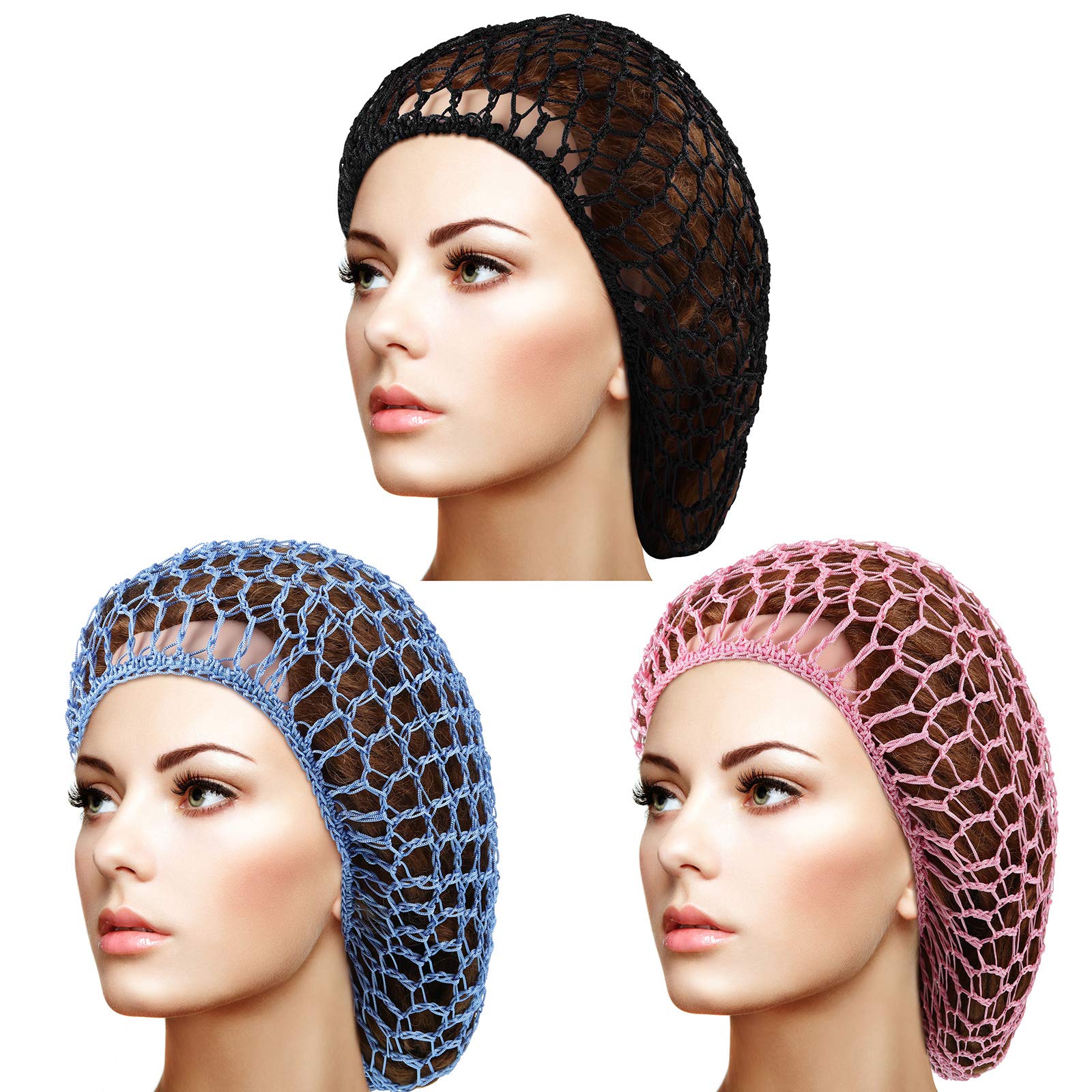 3 Pieces Mesh Hair Net Rayon Crochet Hair Nets Knit Snood Hat Crocheted Sleep Cap (Black, Sky Blue, Pink), Sky Blue, M