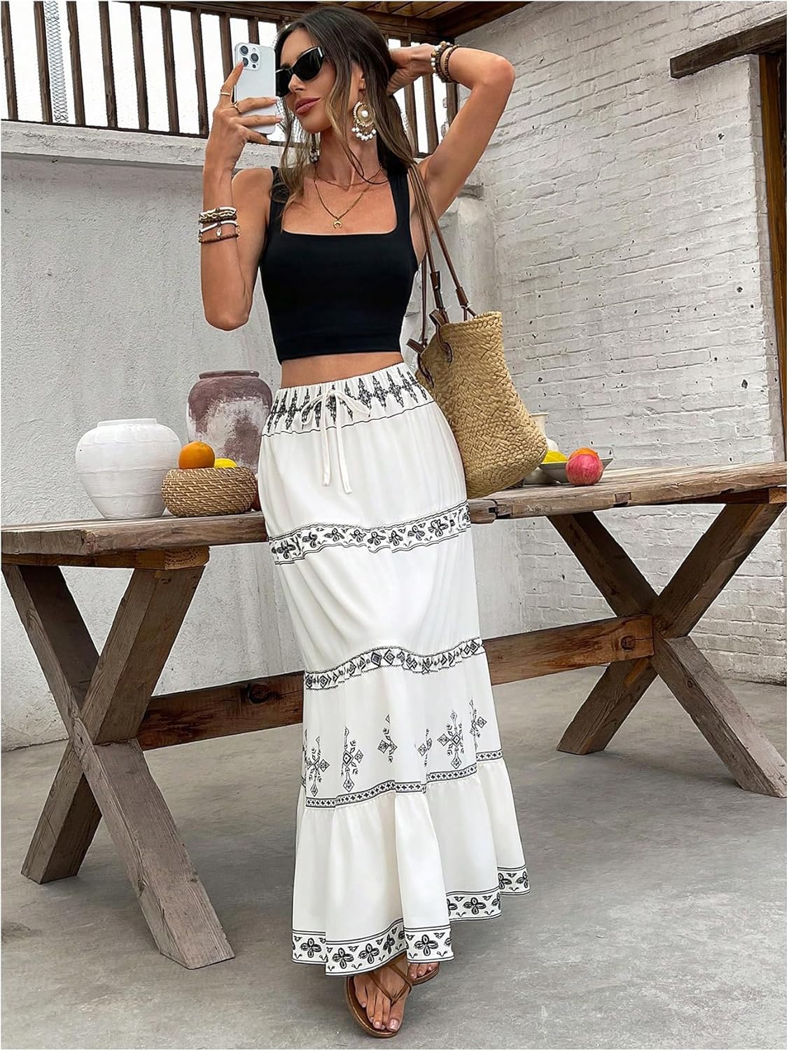 SOLY HUX Women's Boho Maxi Skirt Tie Front High Waisted A Line Ruffle Hem Flowy Long Summer Skirts - Image 5