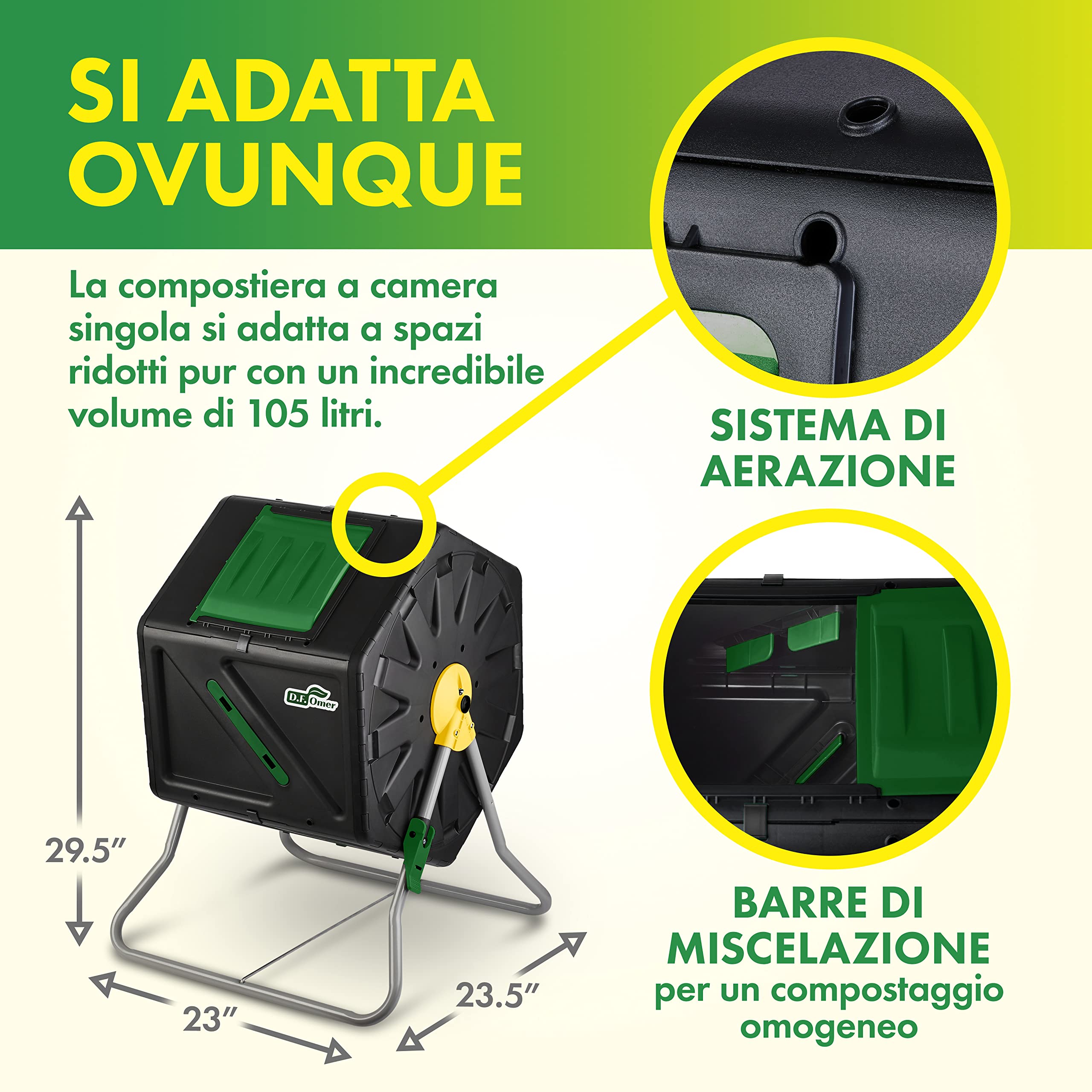 DF OMER, Contenitore Compostaggio Giardino a Camera Singola, Grande Volume, Design Compatto, Capacità 105 l, Compostiera Girevole Robusta per Tutte le Stagioni
