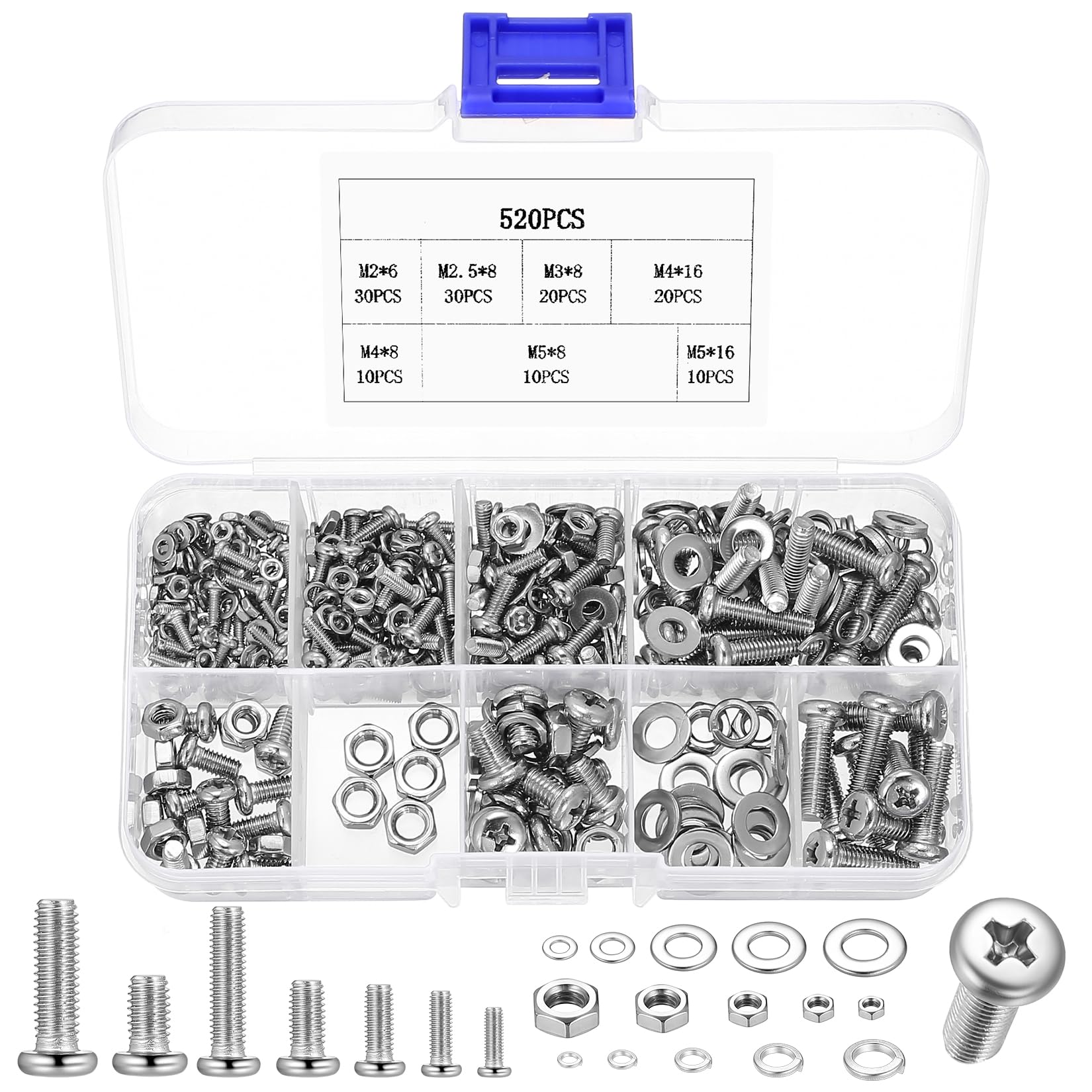 M2 M2.5 M3 M4 M5 Bolts and Nuts Set, 520 Pcs Small Assorted Nuts and Bolts Assortment, Stainless Steel Round Cross Pan Head Screws and Washers Set