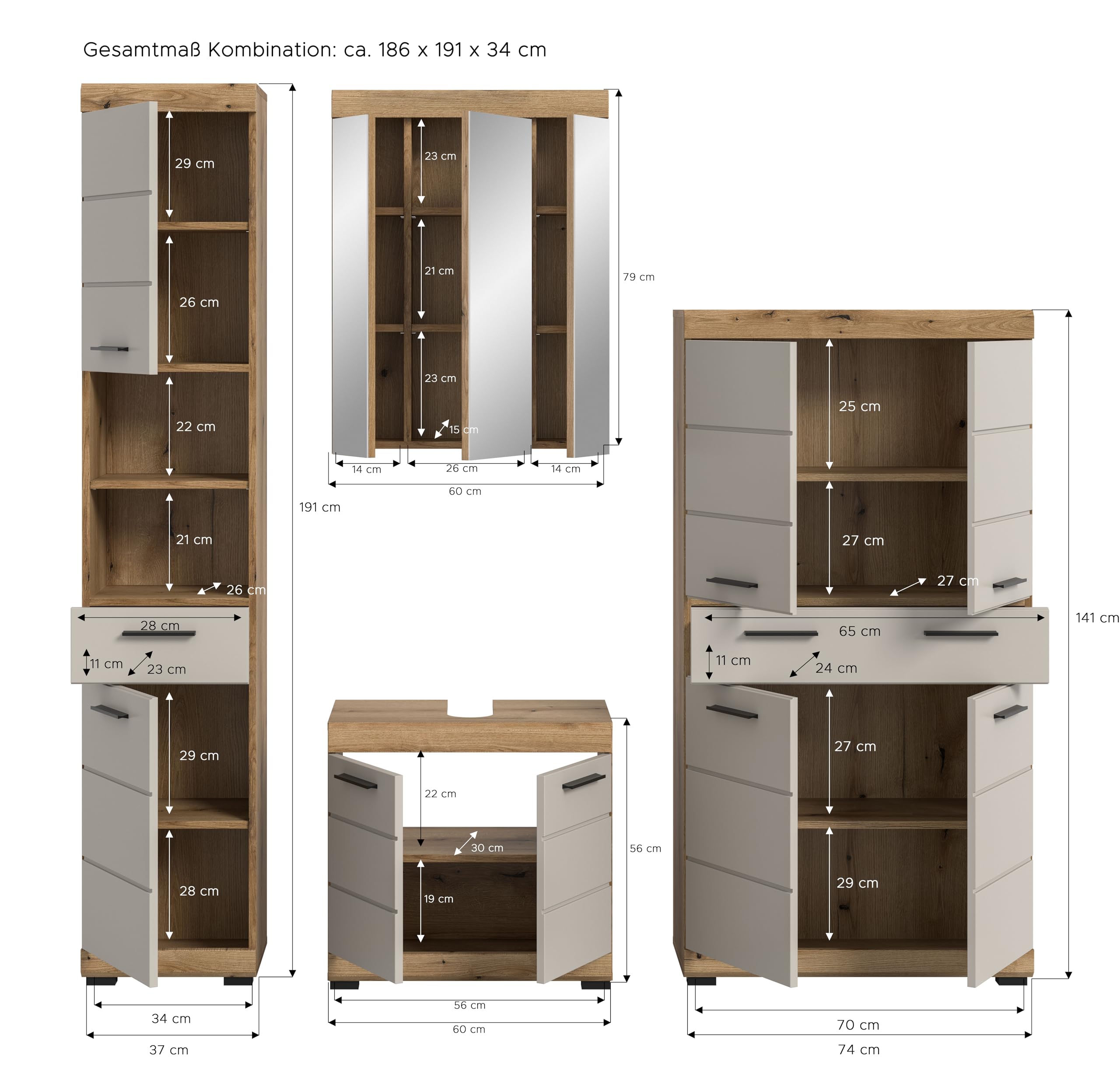 xonox.home – Badkombination Scout 201x191x34 cm in Evoak Oak und Kaschmir Nachbildung matt – Geräumiges Badmöbel-Set mit eleganter Farbgebung – edel – Bild 4