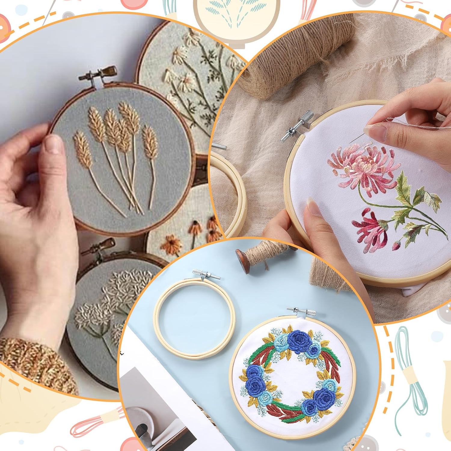 2 Pieces Embroidery Hoops, 4" and 6" Round Embroidery Hoops Round Bamboo Cross Stitch Hoop Frame Hoop for Sewing Home Crafts and Ornaments