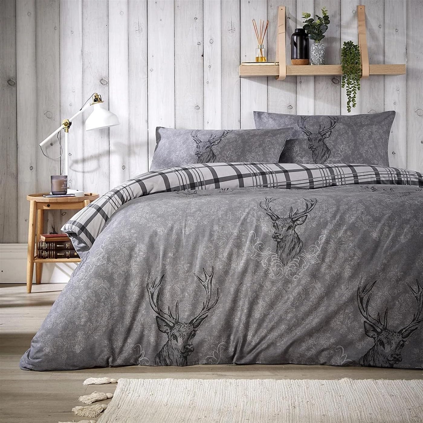 VL Winter Highland Stag Print Bedding Set Reversible Festive Duvet Quilt Cover with Paired Pillow Cases (Grey, Double (200 x 200 cm))