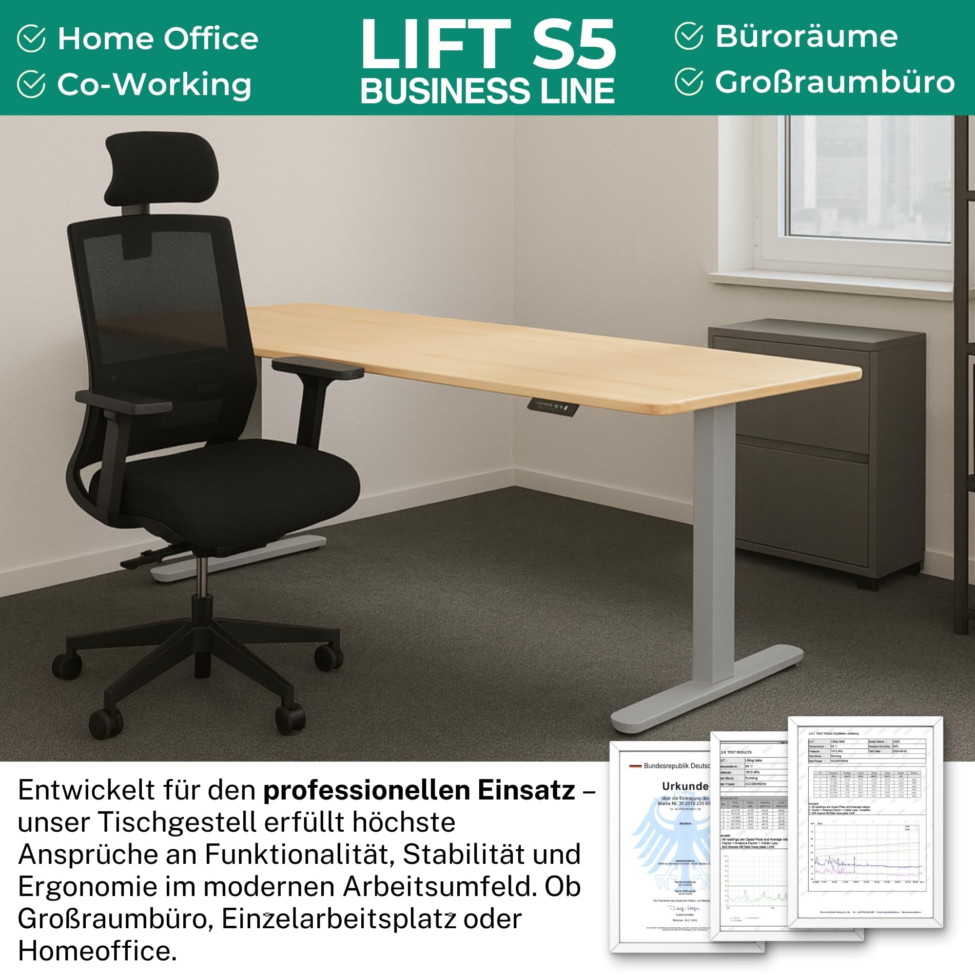 ALBATROS Schreibtisch-Gestell Lift S5S + Kabelkanal, Silber, 2X Motoren, elektrisch höhenverstellbar mit Memory-Funktion, Kollisionsschutz und Soft-Start/Stop