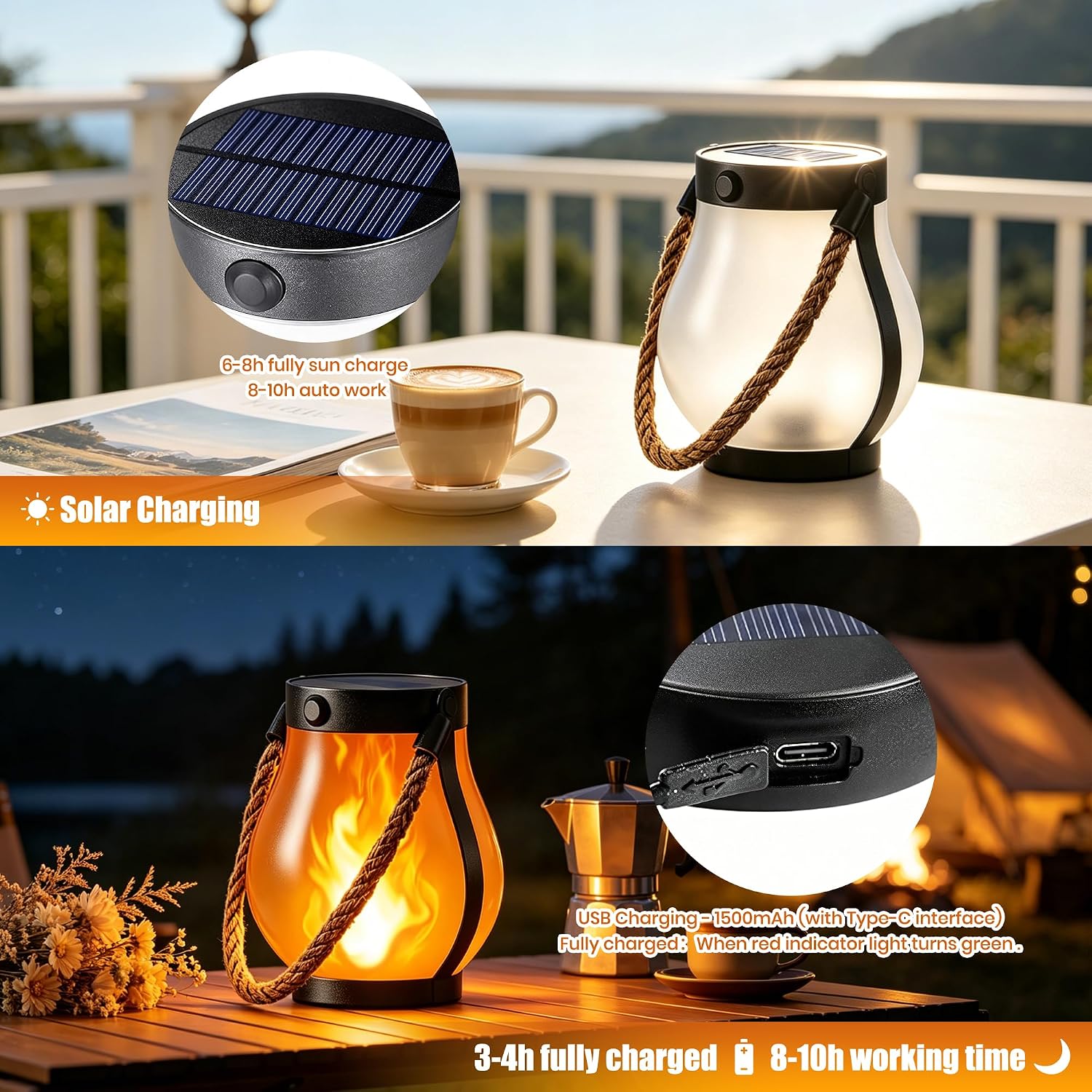 Solar Lanterns Outdoor Waterproof,2 Pack Flickering Flame Hanging Lanterns | 2 Modes Dual Charging Solar & USB for Garden Yard Patio Porch Tree Decor