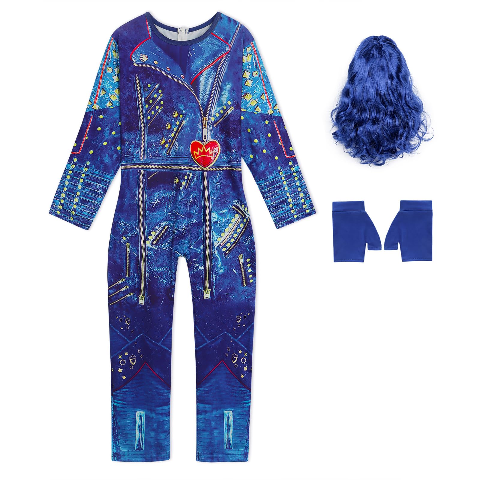 Berich Kids Dressing Up with Blue Wig Gloves Blue Jumpsuit Set Princess Costumes for Girls Halloween World Book Day Costumes for Kids Role Play Outfit Girls Dressing Up 7-8 Years,140