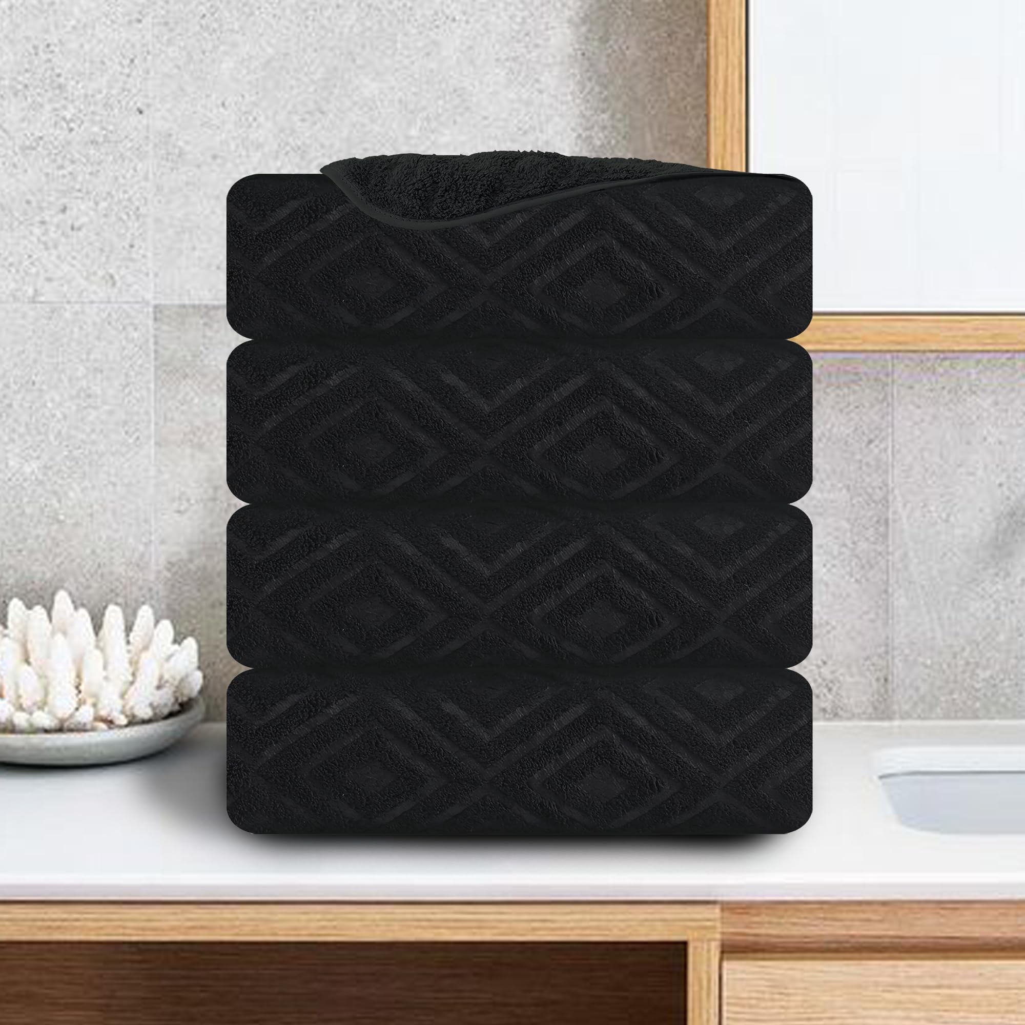 CHINO Extra Large Bath Towel Set, 4 Piece Black Oversized Bath Sheets 35"x70"-Soft, Quick Dry, Super Absorbent, Diamond Pattern Microfiber Bath Sheets for Bathroom, Beach, Travel, Fitness, Yoga