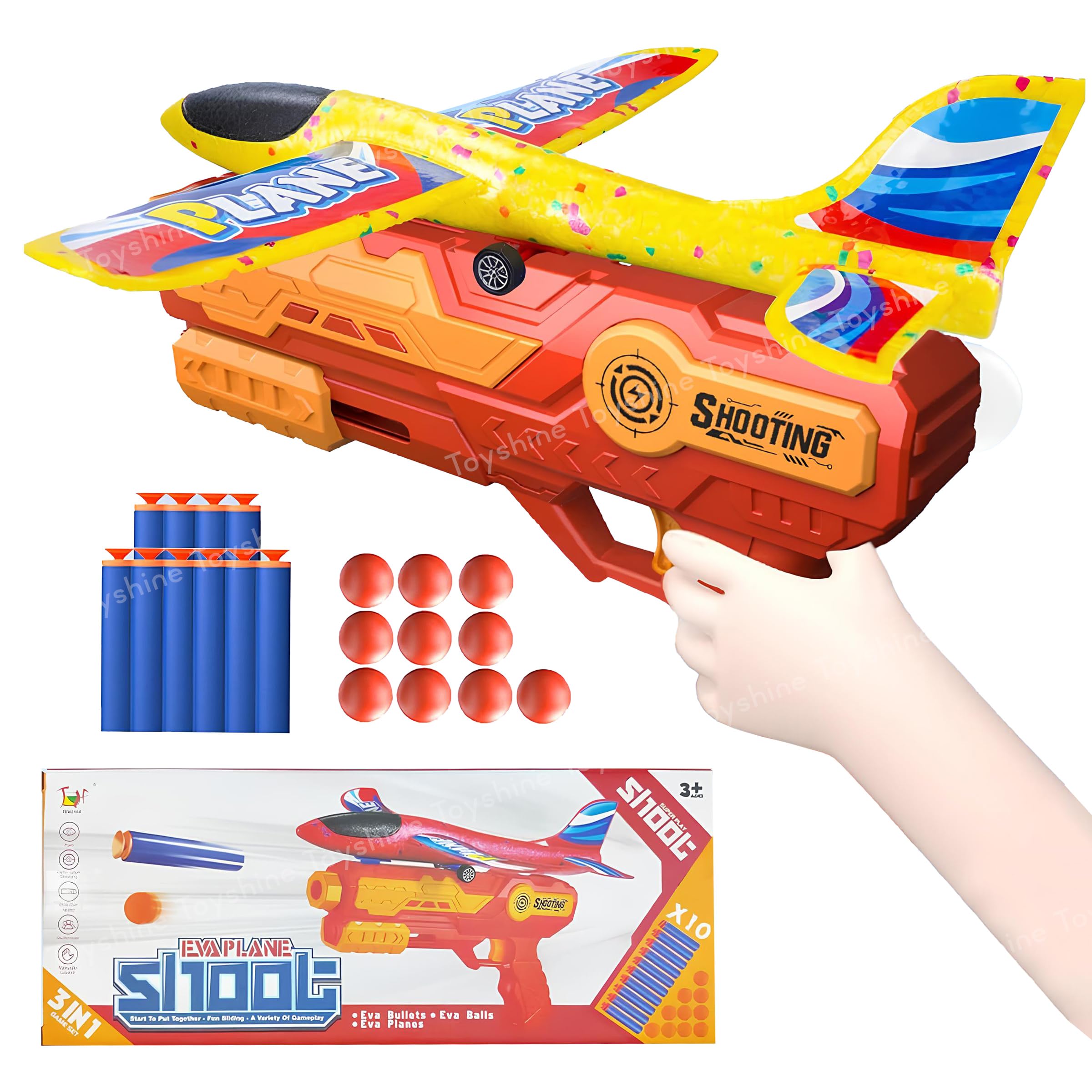 Toyshine 3 in 1 Plane Launcher Toys | Plane, Foam Darts and Foam Ball Shooter | Toy for Kids One-Click Ejection Shooting | Birthday Toy Gift for Boys and Girls (B0DDPRNT18) Amazon Price History, Amazon Price Tracker