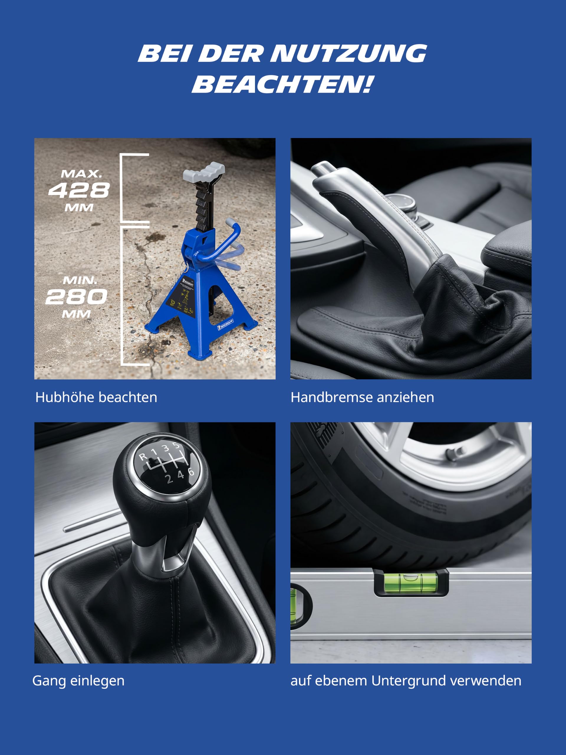 MICHELIN Unterstellbock 2er Set 2t Traglast höhenverstellbar Auto SUV Wagenheberbock Stützbock mit Zahnstange Sicherung stabile Stahlkonstruktion Werkstattqualität | Auto SUV Wagenheberbock Stützbock mit Zahnstange Sicherung stabile Stahlkonstruktion Werk