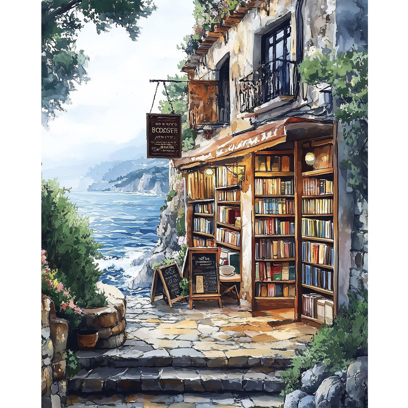 Querencia Bookshop Paint by Numbers for Adults, Bookstore DIY Acrylic Painting by Numbers for Adults Without Frame for Relaxation, Home Wall Decor Gift, 16x20 Inch