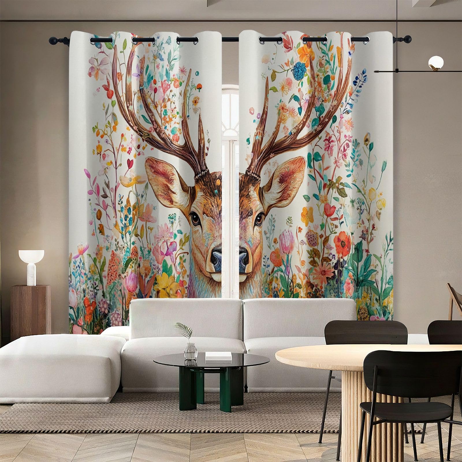 Generisch REH Vorhänge Wohnzimmer Modern Blickdichte Gardinen Bunte Blumen Tier Hirsch Ösenvorhang 2er Set Verdunklungsvorhänge Thermovorhang Übergardinen mit Ösen, H 175 x B 140 cm