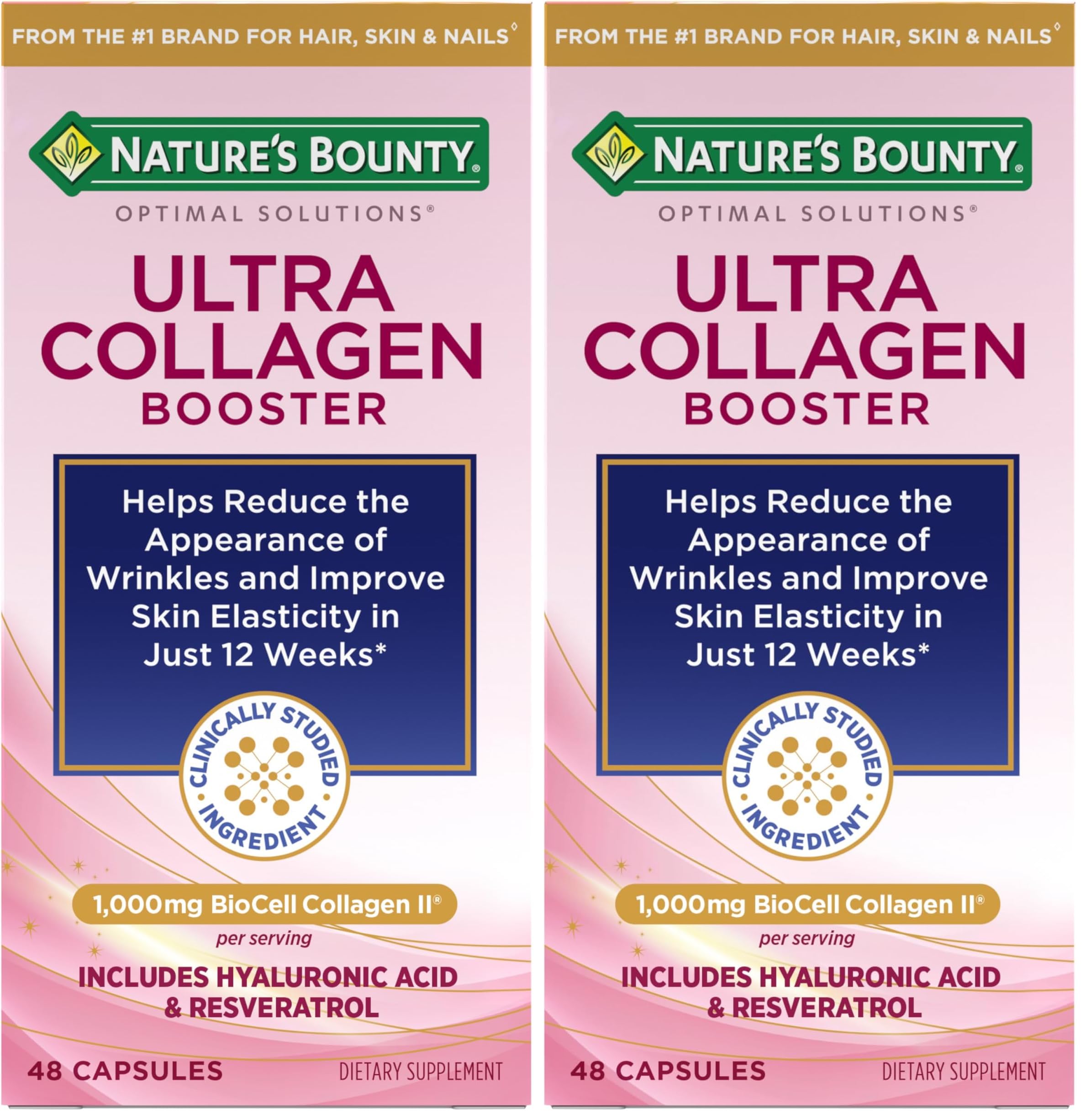 Nature's Bounty Optimal Solutions Ultra Collagen Booster for Healthy-Aging Supplement, Resveratrol, Hyaluronic Acid – Collagen Capsules for Women, 48 Capsules (Pack of 2) 48 Count (Pack of 2)