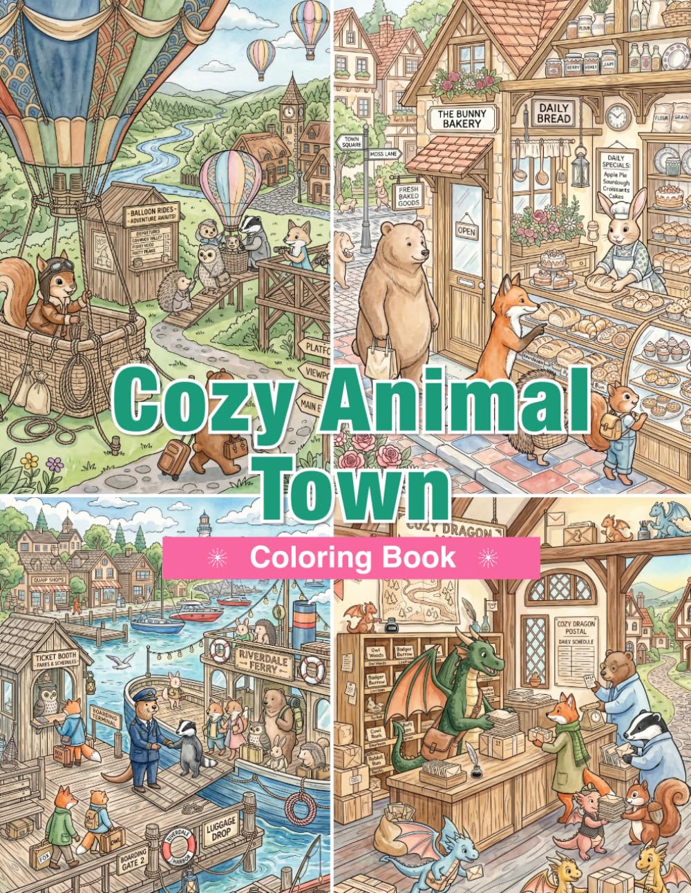 Cozy Animal Town Coloring Book: Animal Bookshops, Bakeries, Craft Shops, Libraries, Cafés, and Everyday Small-Town Life for Adults