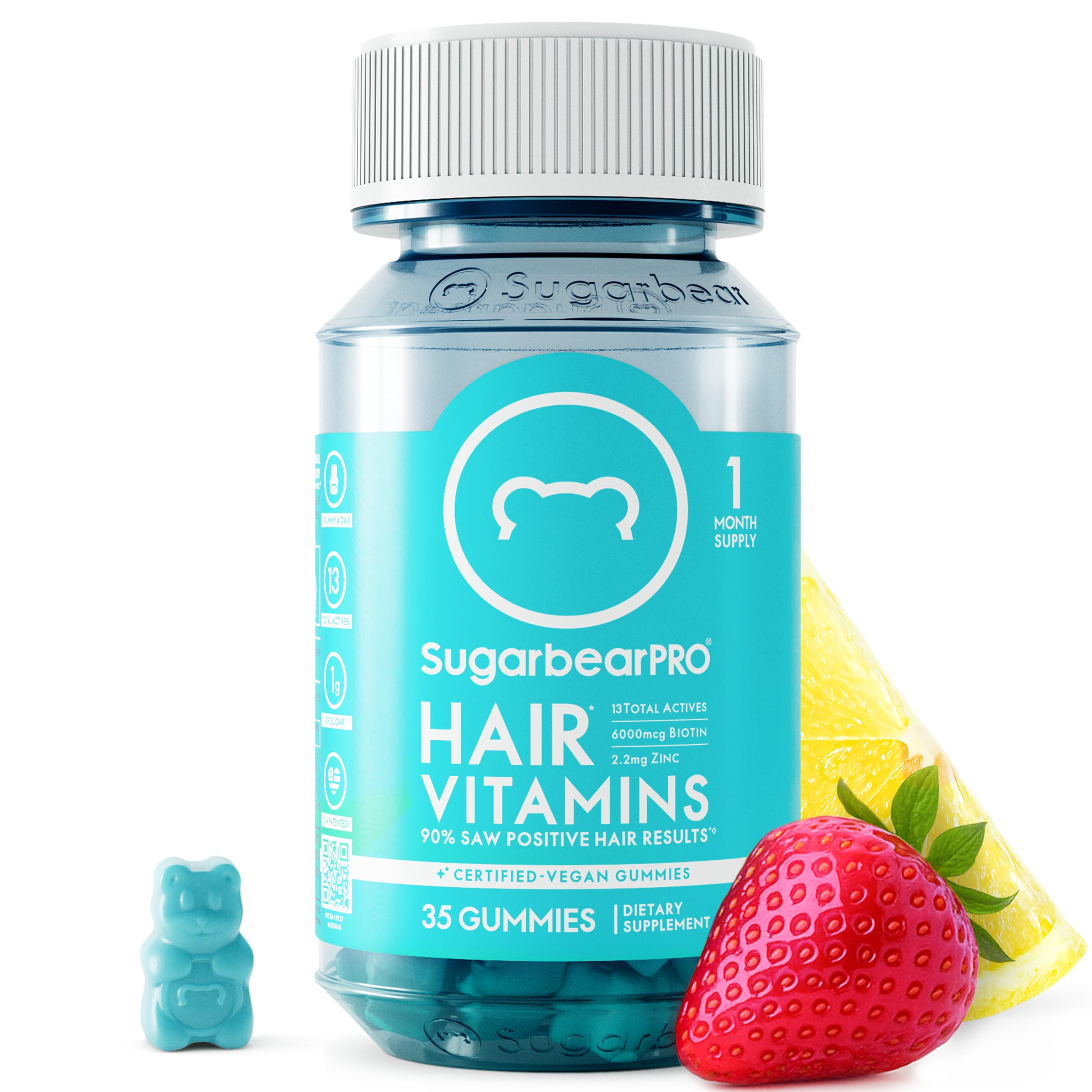 SugarBearPro Hair Vitamin Gummy 35 Day Supply, Extra Strength Biotin 6000mcg for Hair Growth, Vegan Vitamin B12, MSM, Inositol, Omega 3, Elderberry, Certified Kosher, Halal, Cruelty-Free