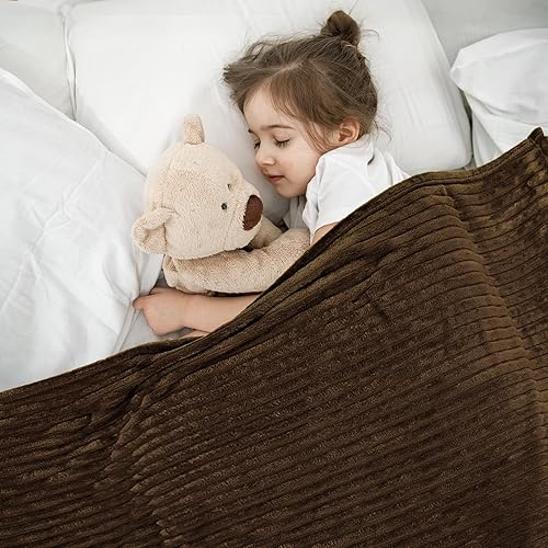 Miniatura 3 de Vessia Manta de forro polar de franela tamaño individual, 300 GSM, acogedora manta de cama a rayas marrones para sofá, sofá y cama, cálida y suave