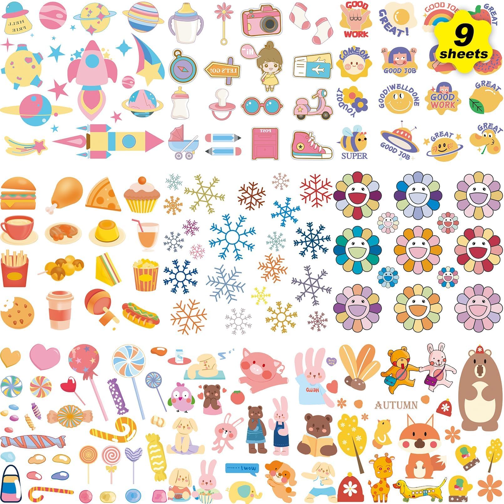 9 Sheets Temporary Tattoos Stickers for Adults, Animal Butterfly Flower Candy Snowflake Tattoos BBQ Pool Beach Party