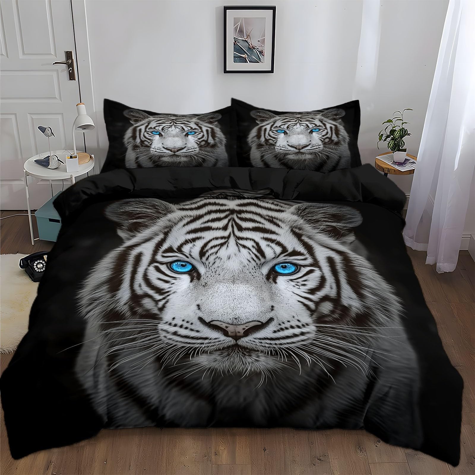 Podwójny zestaw poszewek na kołdrę 260 x 220 cm (2 poszewki na poduszki 50 x 75) dwustronna poszwa na kołdrę z mikrofibry szara, miękka niebieskooka tygrys poszewka na kołdrę w zestawie poszewka na