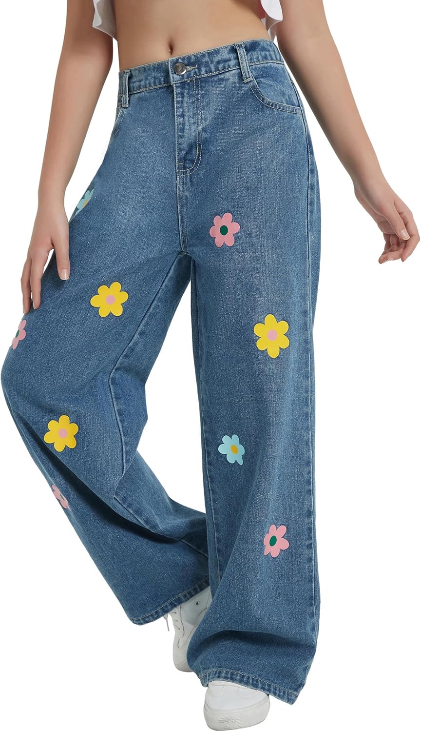 EXARUS Girls Jeans Pants Wide Leg/Flare/Skinny Denim Pant Ripped High Waist Elastic Band Casual with Pockets Kids 6-14Y - Image 2