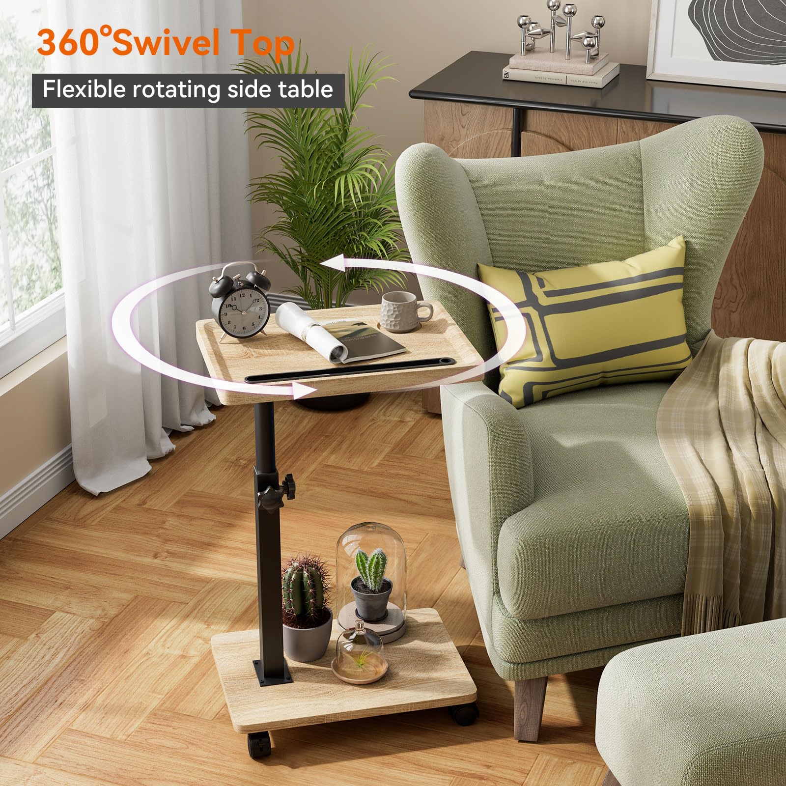 IBUYKE Mesa Auxiliar en Forma de C,con Ruedas,Natural TVT007R | Giratoria 360°,Altura Ajustable,Mesa de sofá para Espacios Estrechos,con Ranura para Tableta,para salón,Dormitorio