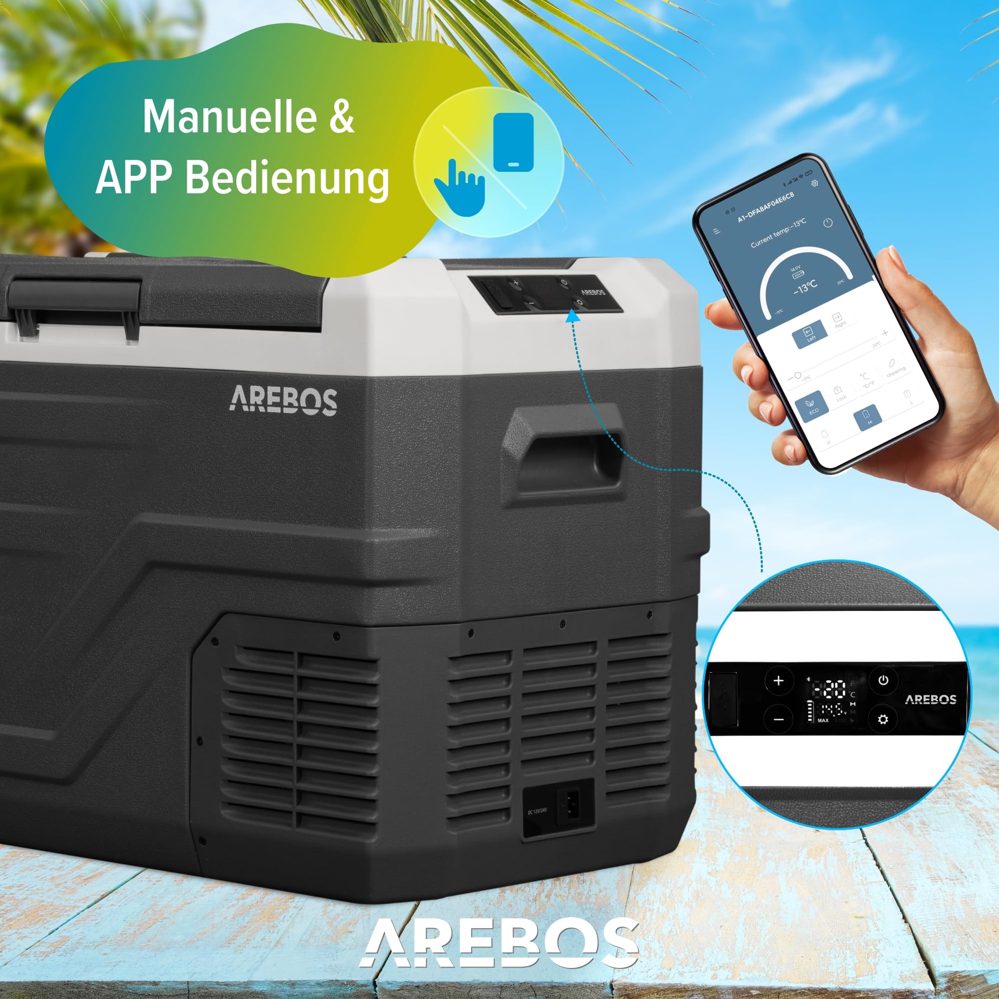 Arebos Kompressor Kühlbox 35 Liter Elektrische Gefrierbox APP Smart-Steuerung Mobile Kühltruhe USB-Anschluss -20 °C 12/24 V 230V Auto LKW Camping Boot Wohnmobil