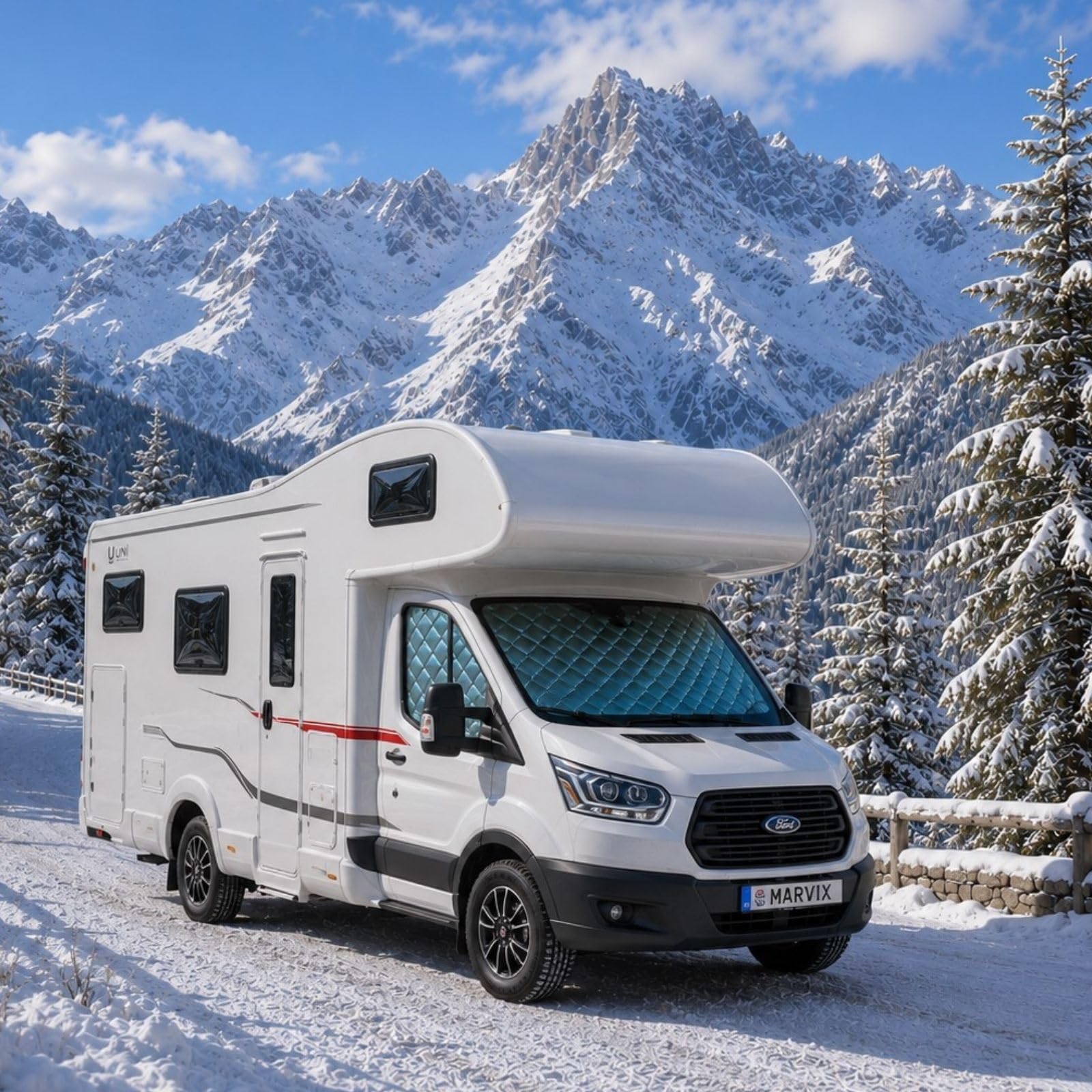Marvix Thermo-Jalousien für interne Fahrerkabine, Premium-Fensterabdeckung, 9-lagig, für Ford Transit 2015–2024, Wohnmobil, Wohnmobil, silberfarbene Isolierung, Windschutzscheiben-Blenden