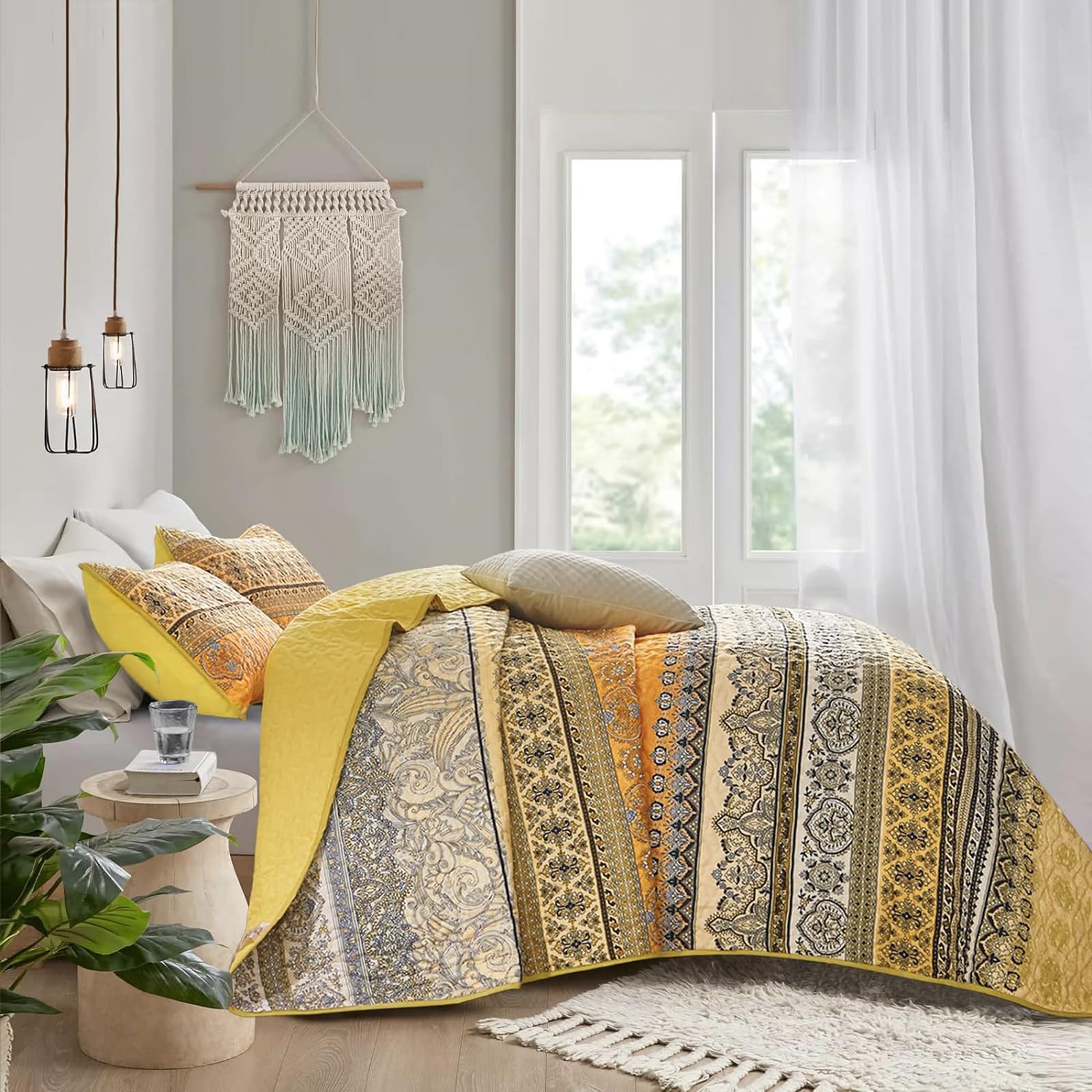 WONGS BEDDING Żółto-pomarańczowa kołdra boho w rozmiarze king size, lekka kołdra z mikrofibry, dekoracja łóżka na każdą porę roku, 260 x 229 cm (3 sztuki)