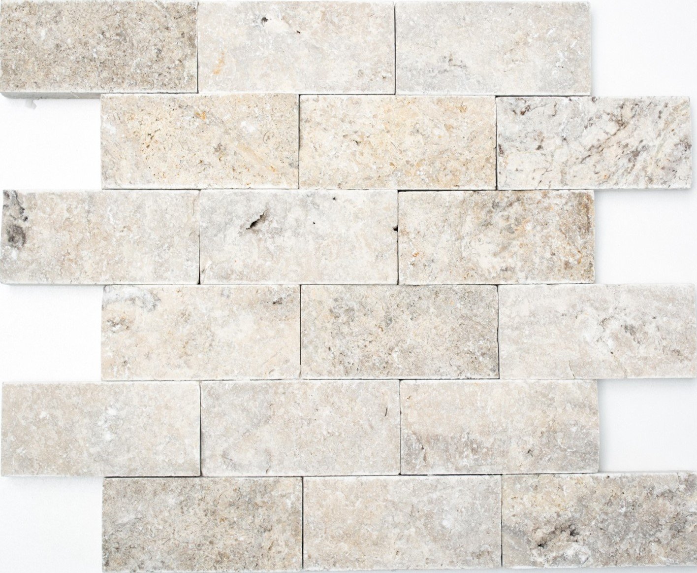 Mosaïque Pierre Naturelle Travertin MOSANI - 44 Carreaux 7,5x15 Cm, 0,484 M² - Gris/blanc Mat