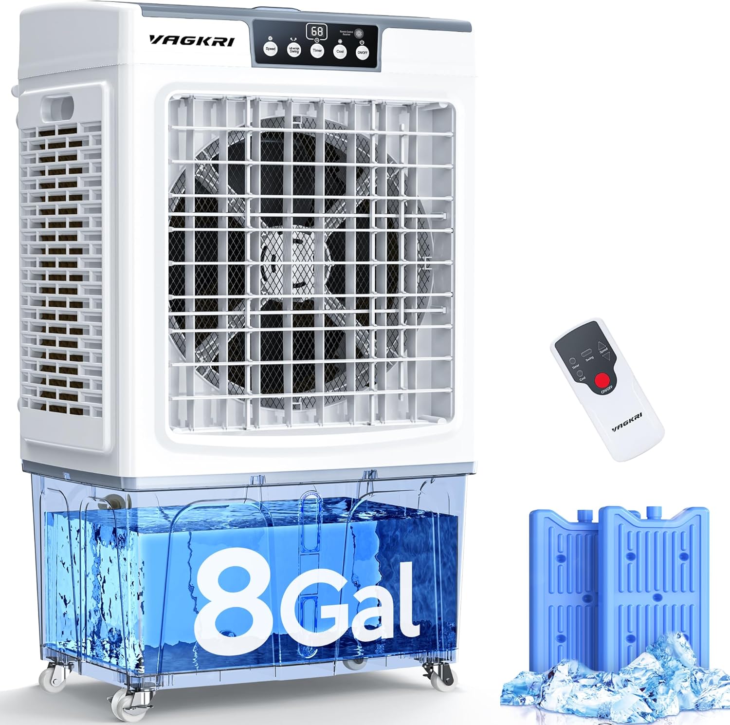 VAGKRI Swamp Cooler, 2100CFM Evaporative Air Cooler with Auto fill, 120° Oscillation, Remote Control & 24H Timer, 3 Wind Speeds for Outdoor Patio Garage Commercial Industrial Use, 8 Gallon