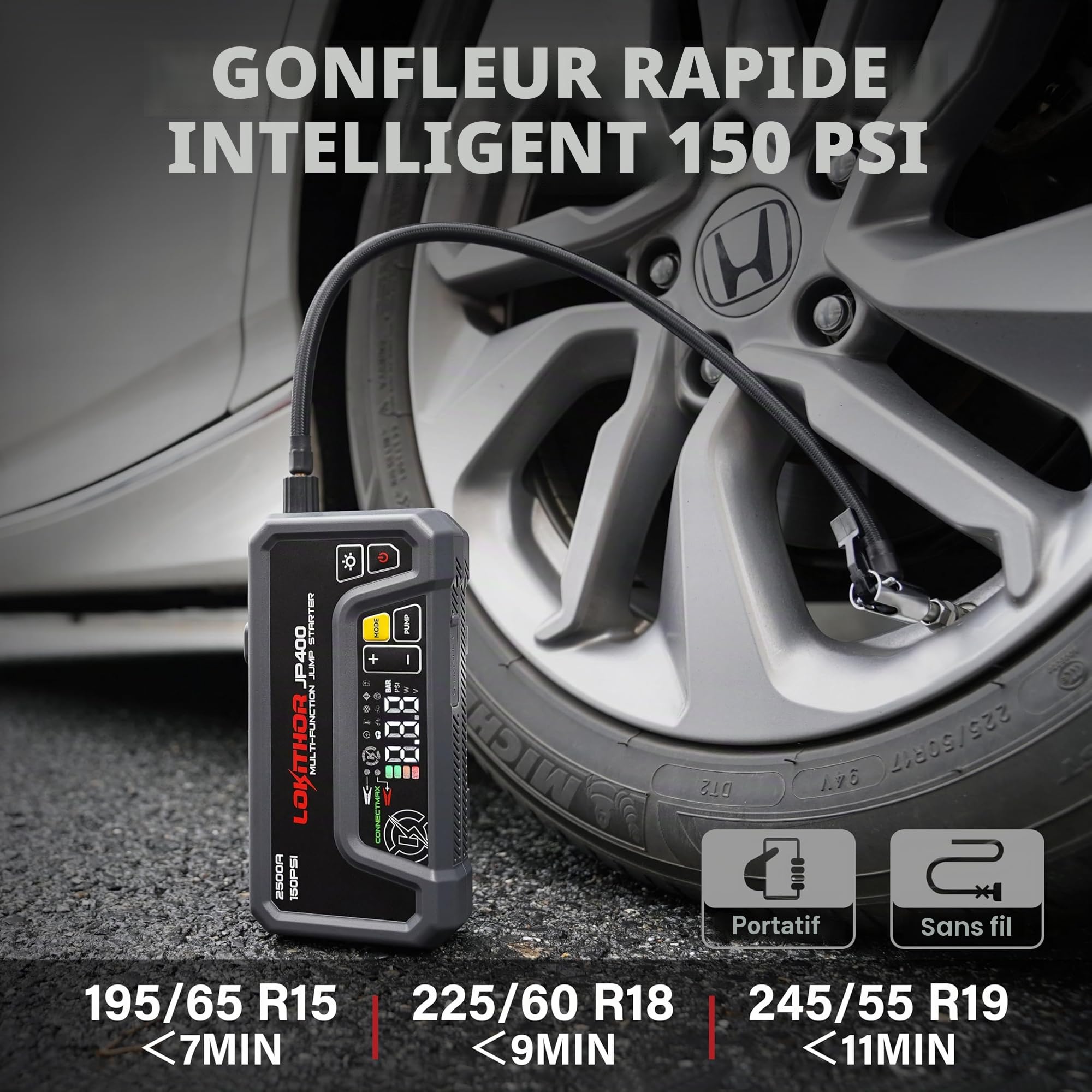 LOKITHOR JP400 Booster de Batterie Voiture avec Gonfleur 12V 2500A avec Compresseur d’Air 150 PSI, Démarreur de Batterie Voiture pour Moteurs Jusqu’à 8.5L Essence et 6.5L Diesel, Intégré, Lampe LED