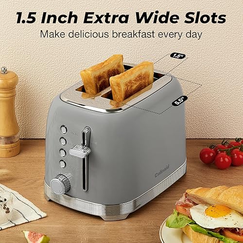 Miniatura 2 de Tostadora de 2 rebanadas de acero inoxidable retro con ranuras extra anchas de 1.5 pulgadas, descongelar, recalentar, cancelar, 6 ajustes de sombra