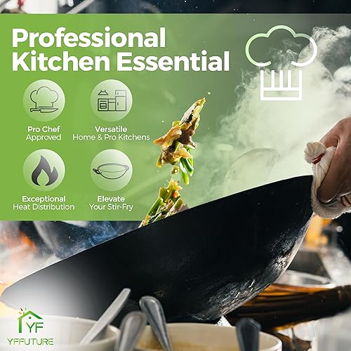 Miniatura 7 de YFFUTURE Wok de hierro fundido pre-sazonado  14.2 pulgadas, fondo plano, antiadherente, con tapa de madera, óptimo para electricidad e inducción,