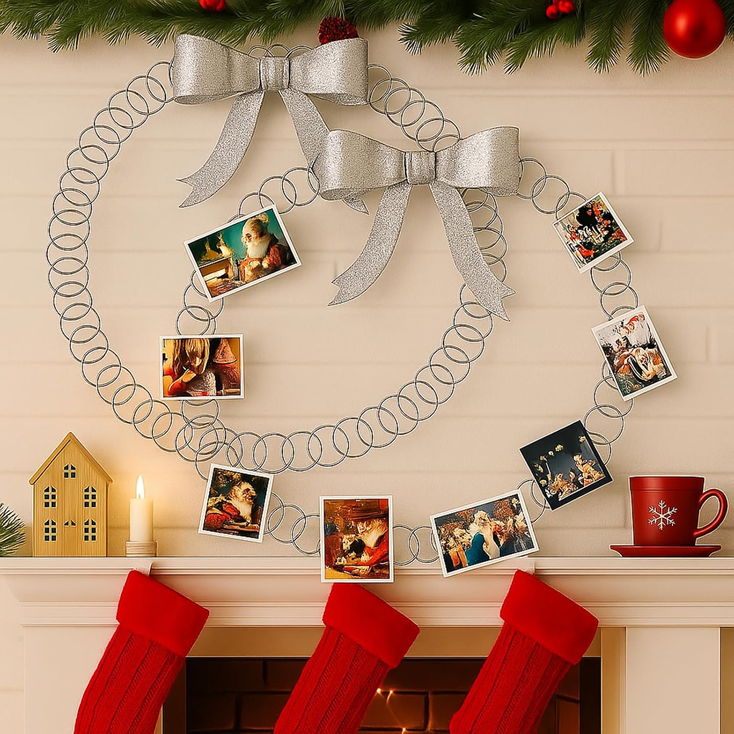 2 Pcs Christmas Photo Holder Display 17" Metal Wreath Xmas Card Holder Display Wall Hanging Decoration with Bow Wire Loop for Greeting Card Picture Insert Holiday Wall Decor(Silver)