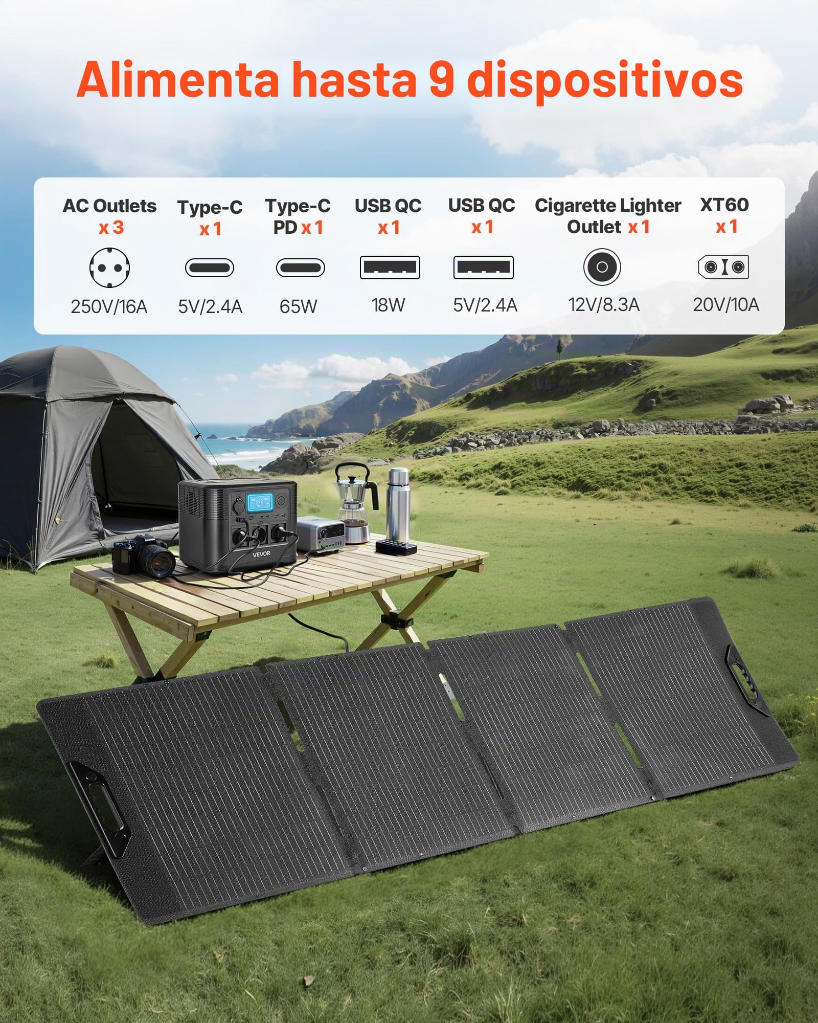 VEVOR Estación de Energía Portátil 1800 W con Panel Solar de 200 W, Generador de Energía Batería de Respaldo LiFePO4 de 1008 WH, con 9 Puertos de Salida para Hogar, Campamentos al Aire Libre, Viajes