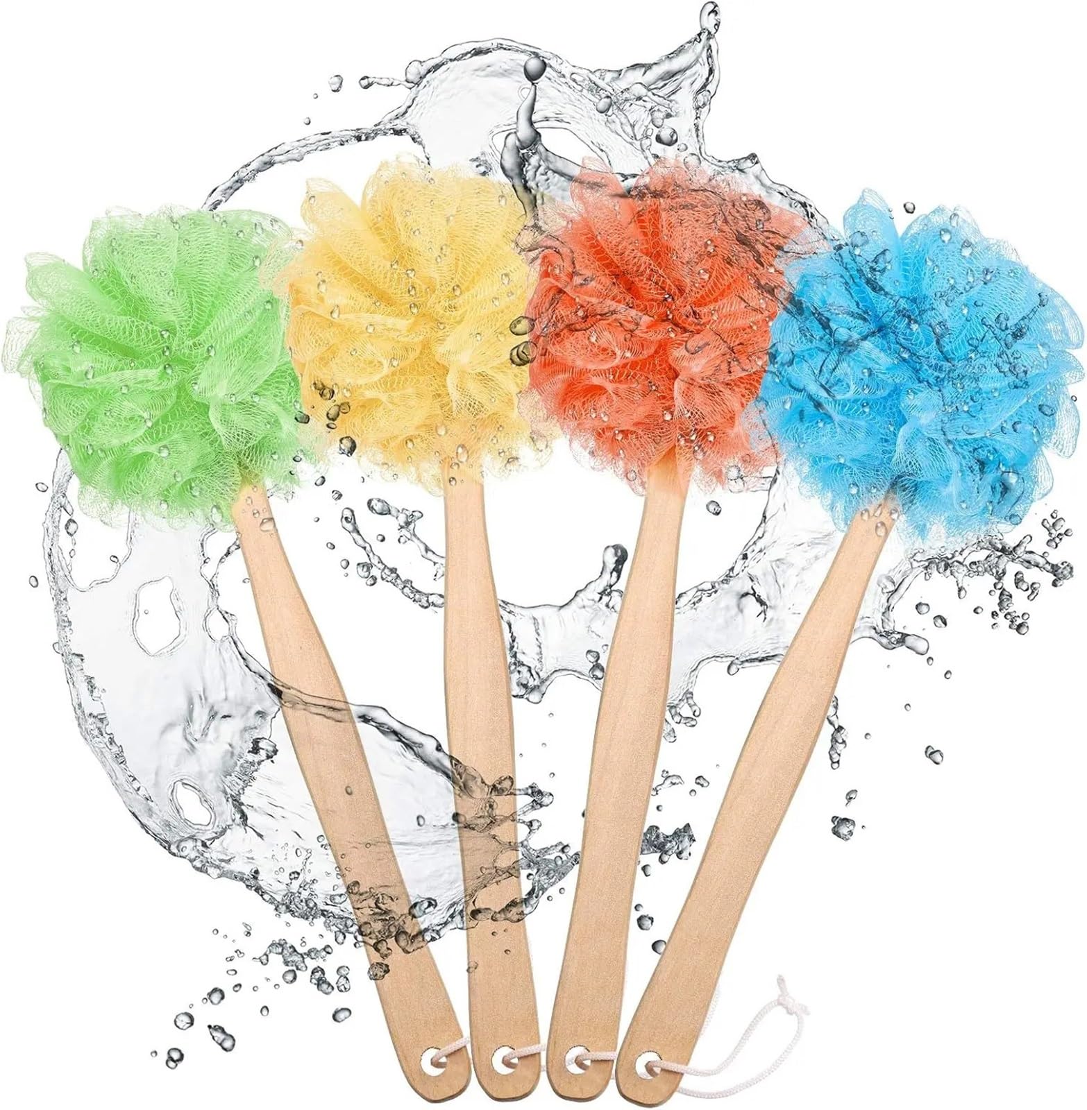 Confezione da 4 scrubber for la schiena in luffa con manico lungo spugna bagno esfoliante in legno for doccia - Blu, Arancione, Giallo, Verde Per Bagno