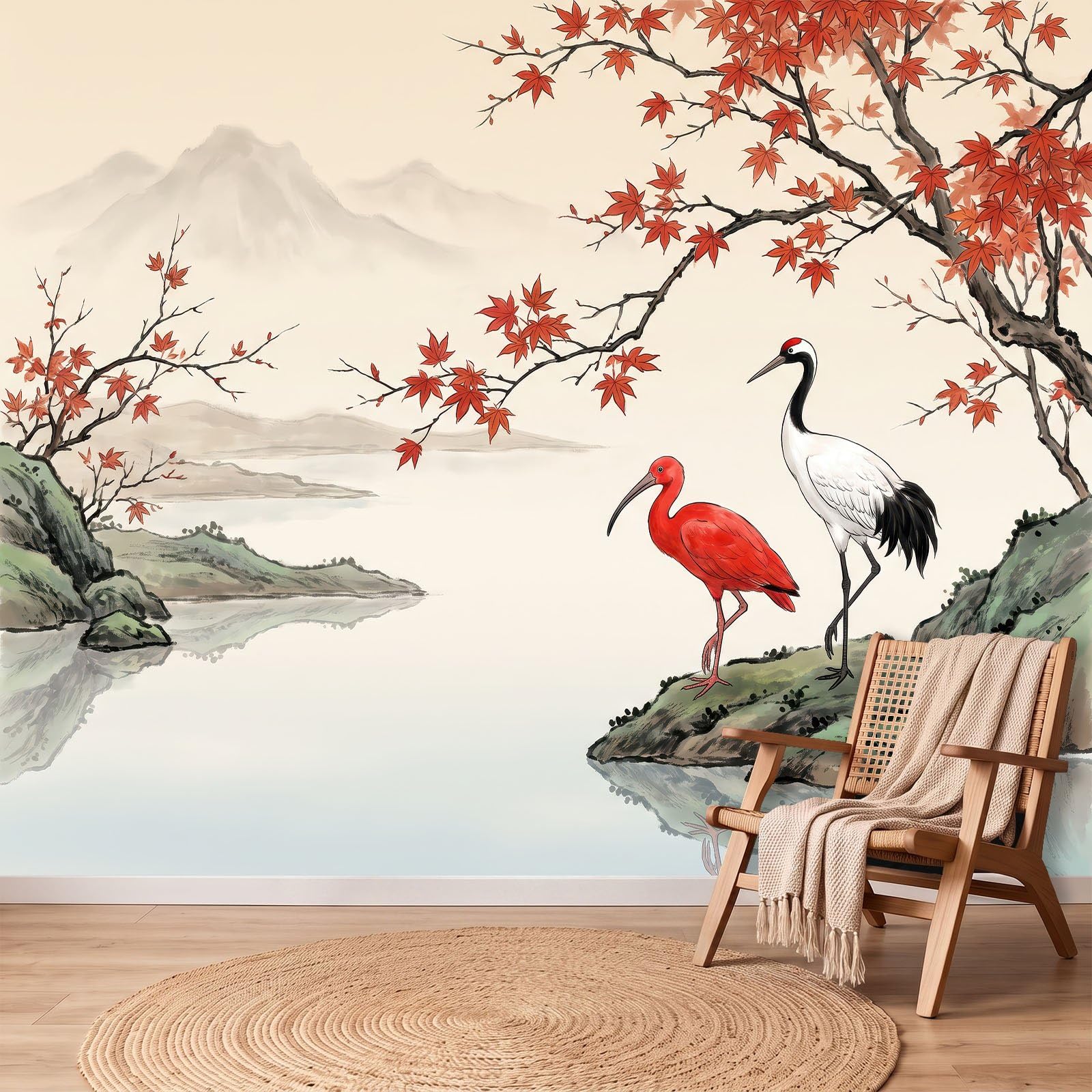 Tradycyjna japońska tapeta panoramiczna - Dekoracja ścienna XXL Żuraw Liść Derable Mountains Riviere - Mural Tapeta z włókniny do sypialni salonu biura - Fototapeta 350 x 256 cm