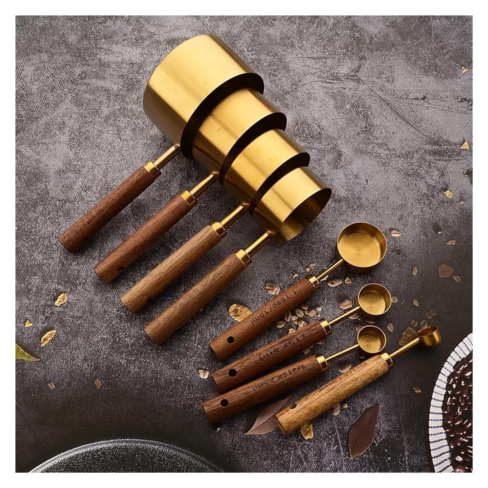 1/4/8Pcs Cucharas y tazas medidoras, mango de madera dorado