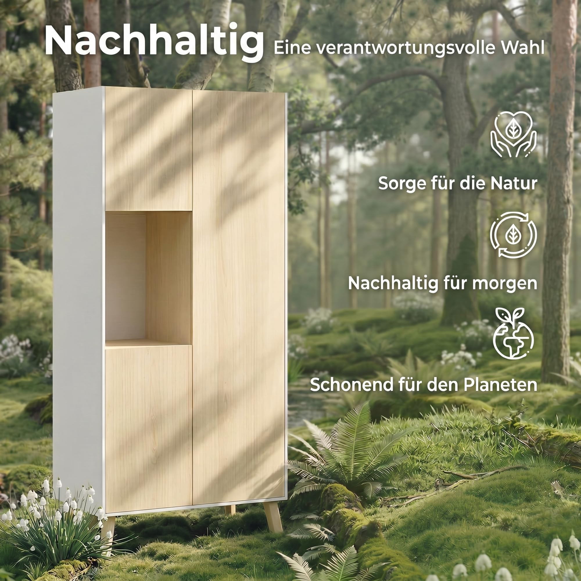 HOMCOM Küchenschrank 170 cm Hoher Buffetschrank mit offenem Fach, 3 Türen, Hochschrank mit verstellbaren Einlegeböden, Moderner Vorratsschrank für Küche, Wohnzimmer, Esszimmer, Natur, 80x40x170 cm
