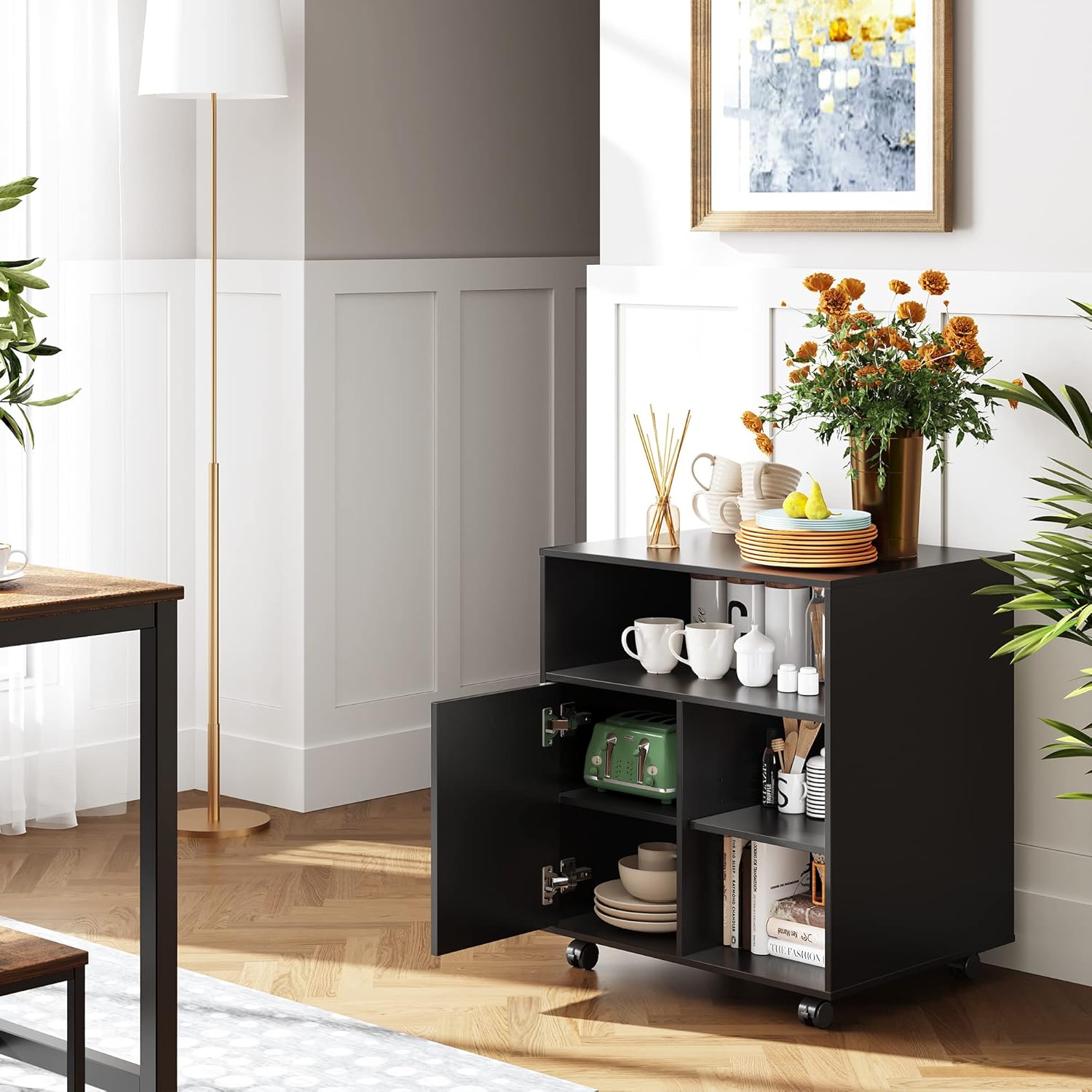 DEVAISE Mobile Printer Stand with Adjustable Shelf, Rolling Wood Storage Cabinet on Wheels, Black : Office Products