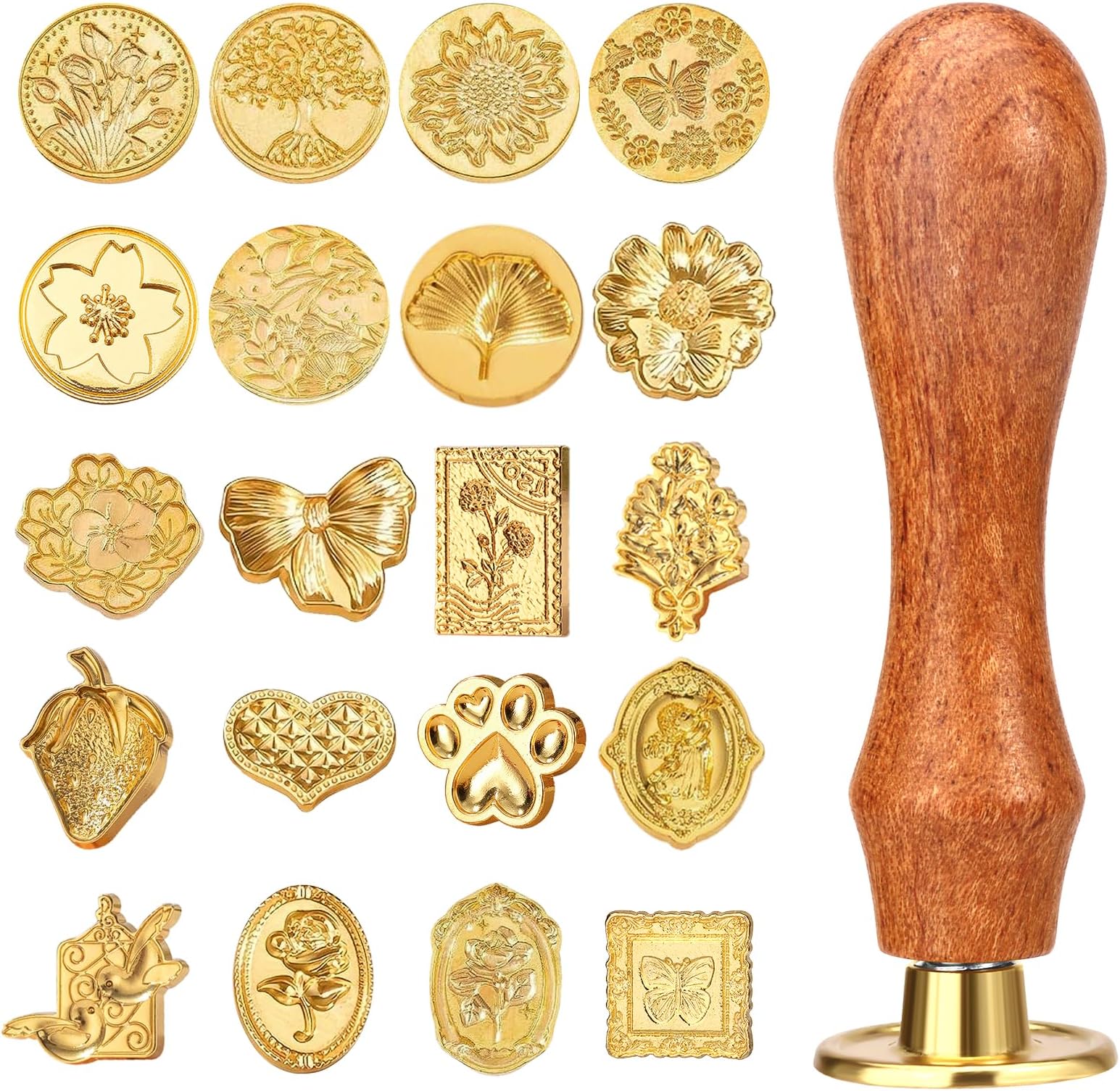 Draupnir Wax Seal Stamp Kit, 21pcs Vintage Classic Sealing Wax Stamp Heads with Wooden Handle, Gold, Ideal for Wedding, Party Invitations, Gift Wrapping