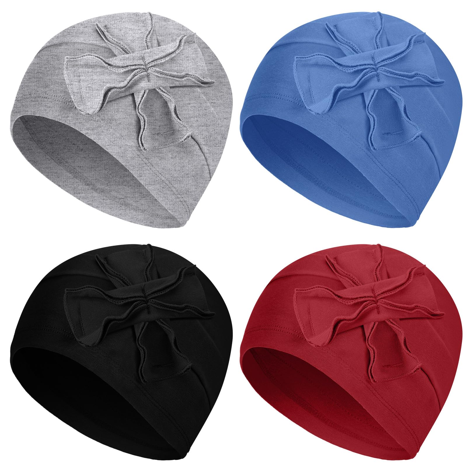 JenPen 4 Pcs Cotton Beanie Turban Headwear for Women Soft Cancer Chemo Head Scarf Hats Elastic Covers Wraps for Women's Hair (Simple Color,Flower), Blue, Wine Red, Gray and Black, One Size