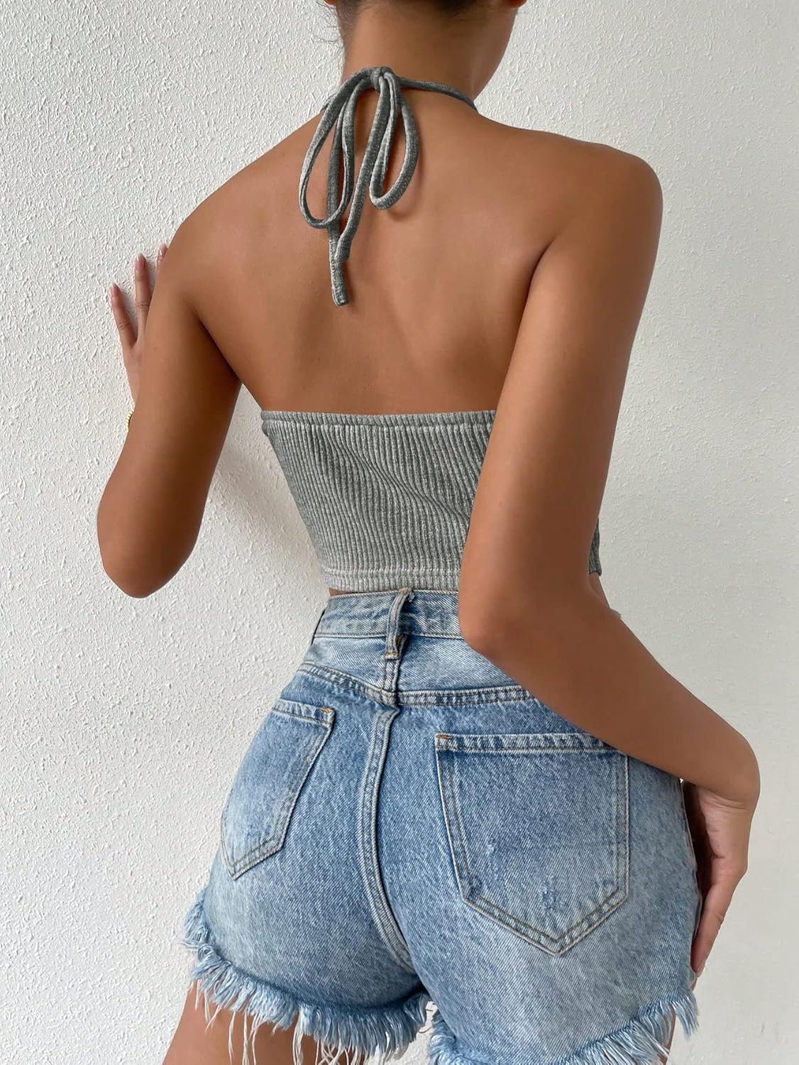 SOLY HUX Women's Tie Backless Halter Top Sleeveless Asymmetrical Hem Ribbed Knit Going Out Tops - Image 2