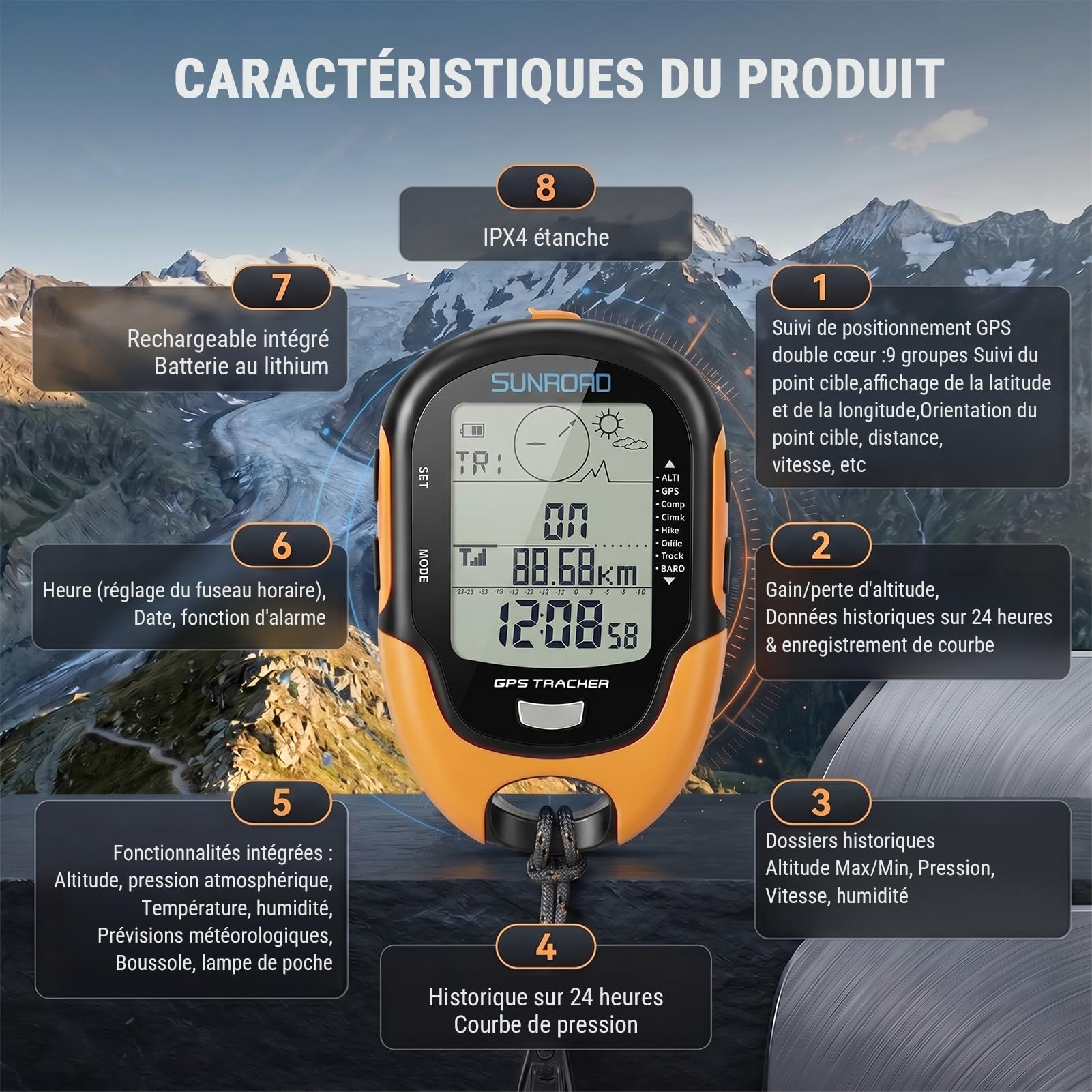 Altimètre Baromètre GPS, Appareil GPS Multifonctionnel Haute Précision avec Boussole, Thermomètre, Hygromètre, Prévisions Météo, Horloge, Date, Lampe de Poche LED, Réveil, Étanche IPX4