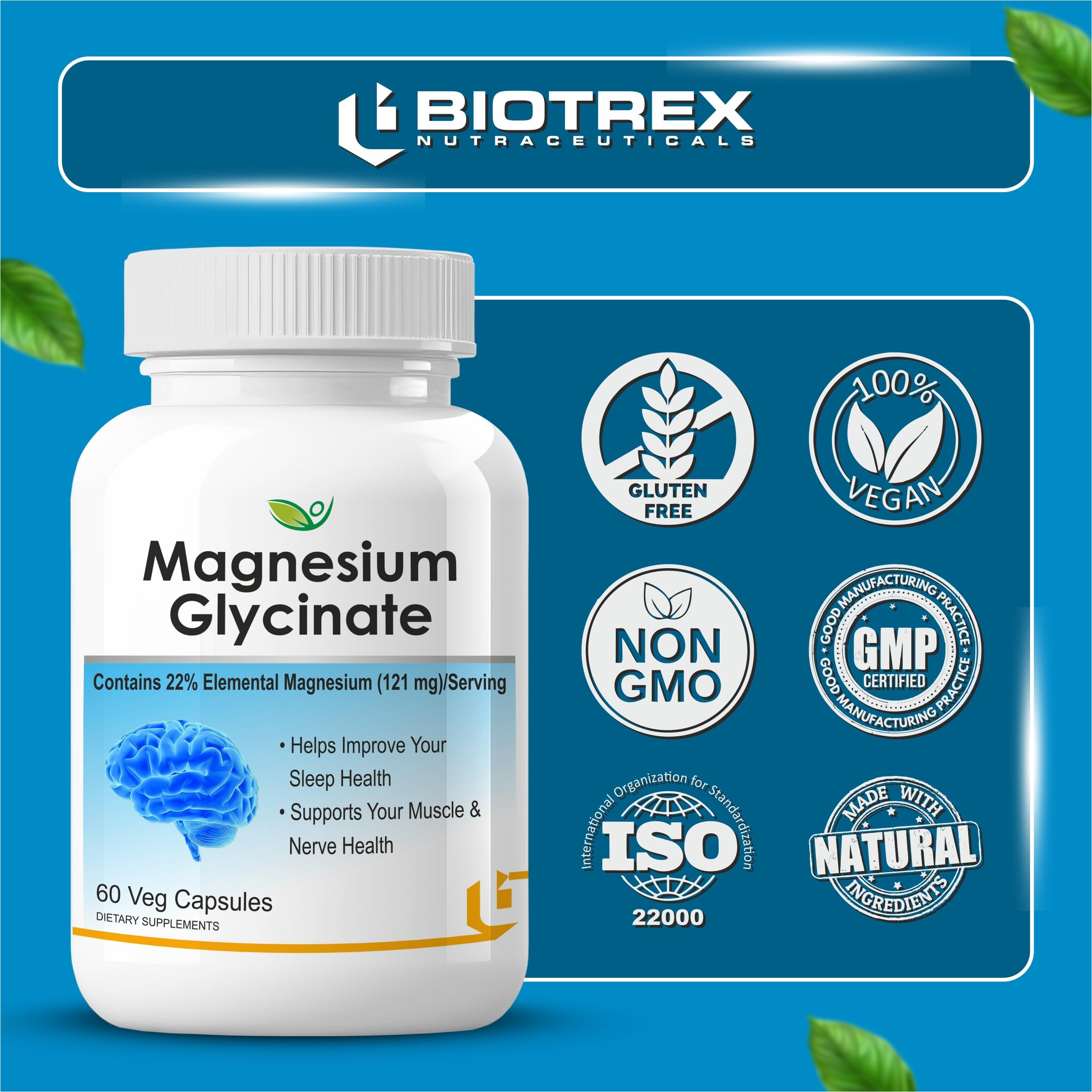 Biotrex Nutraceuticals Magnesium Glycinate | Highest Bioavailability | Cramps, Sleep & Mood balance | Chelated Form With Superior Absorption | Muscle Recovery & Nerve Function | 60 Veg Capsules — Amazon image 6
