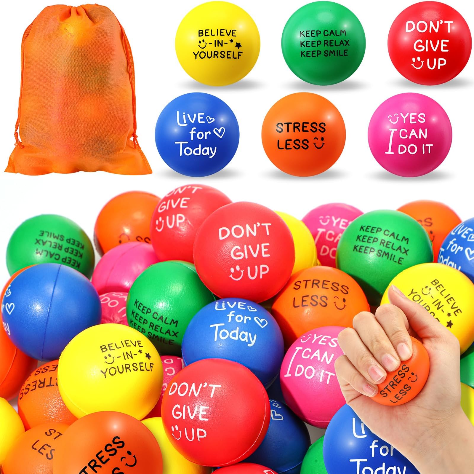 Jenaai 200 Pcs Motivational Stress Balls 1.97 Inch Inspirational Relief Stress Hand Exercise Encouraging Colorful Foam Balls for for Adult Girls Boys Employee Gifts