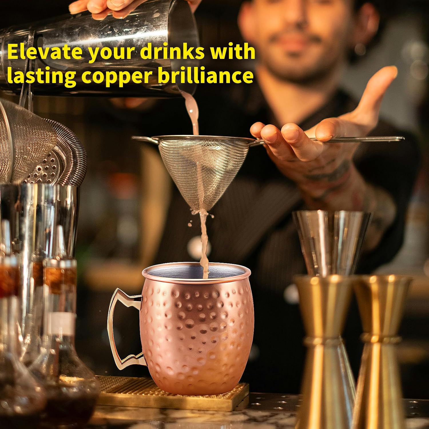 Stainless Steel Moscow Mule Mugs Set of 4, 16 OZ Hammered Copper Finish with Brass Handles, for Wine, Beer, Cold Drink, Bar, Party, Gifts