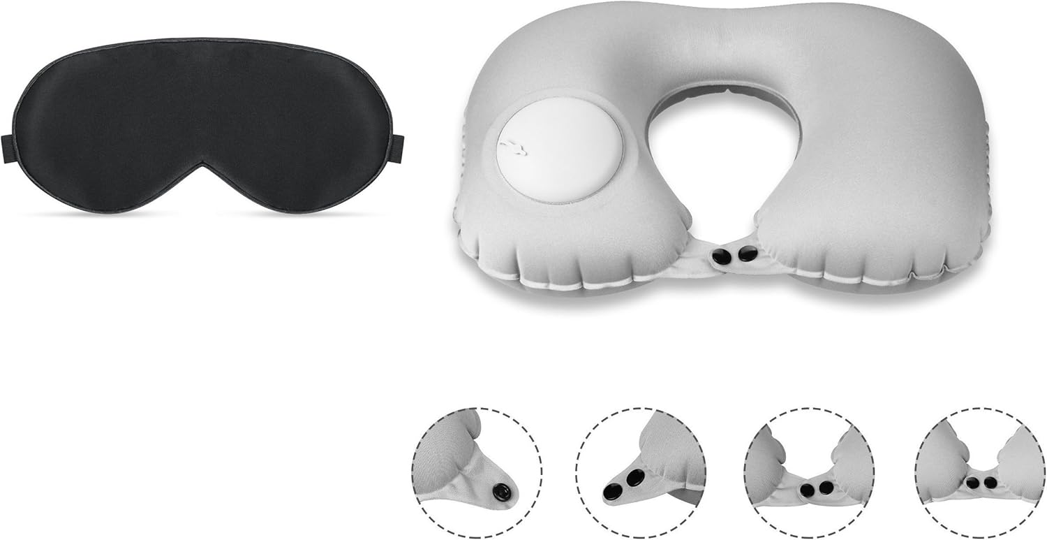 NOVAGO (Pack 2 en 1 Masque de Sommeil et de Voyage 100% Pure Soie Naturelle + 1 Coussin Oreiller de Voyage Gonflable Confortable et Léger