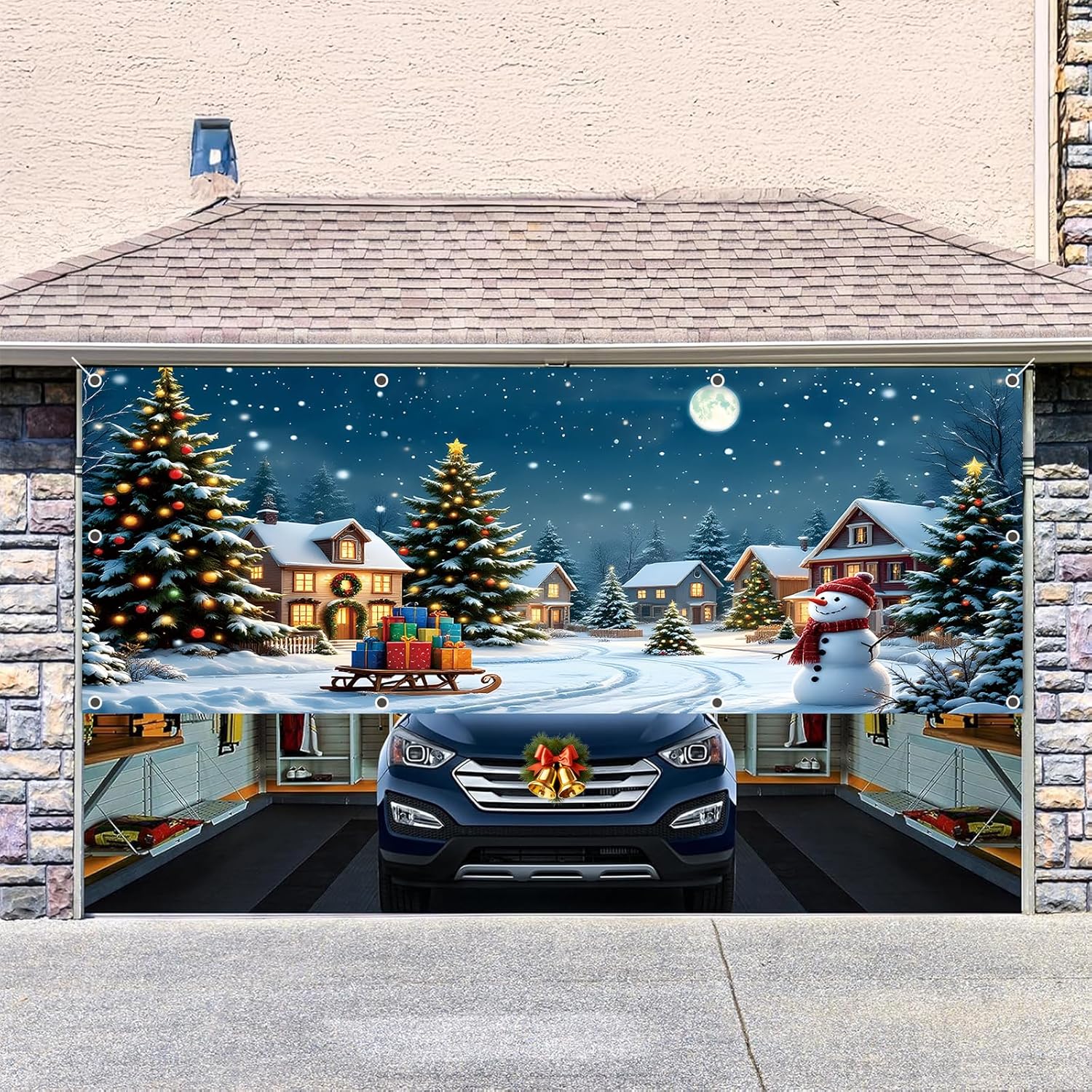 Christmas Garage Door Cover Banner Decorations 7x16ft Winter Village Xmas Tree Snowman Snow Snowflake Moon Night Backdrop Background Mural Large Holiday Outdoor Decor
